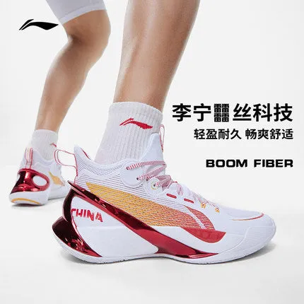 Rolling Transition Geometry Li Ning Sonic 10 Ultra Mid Basketball Shoes - White/Red