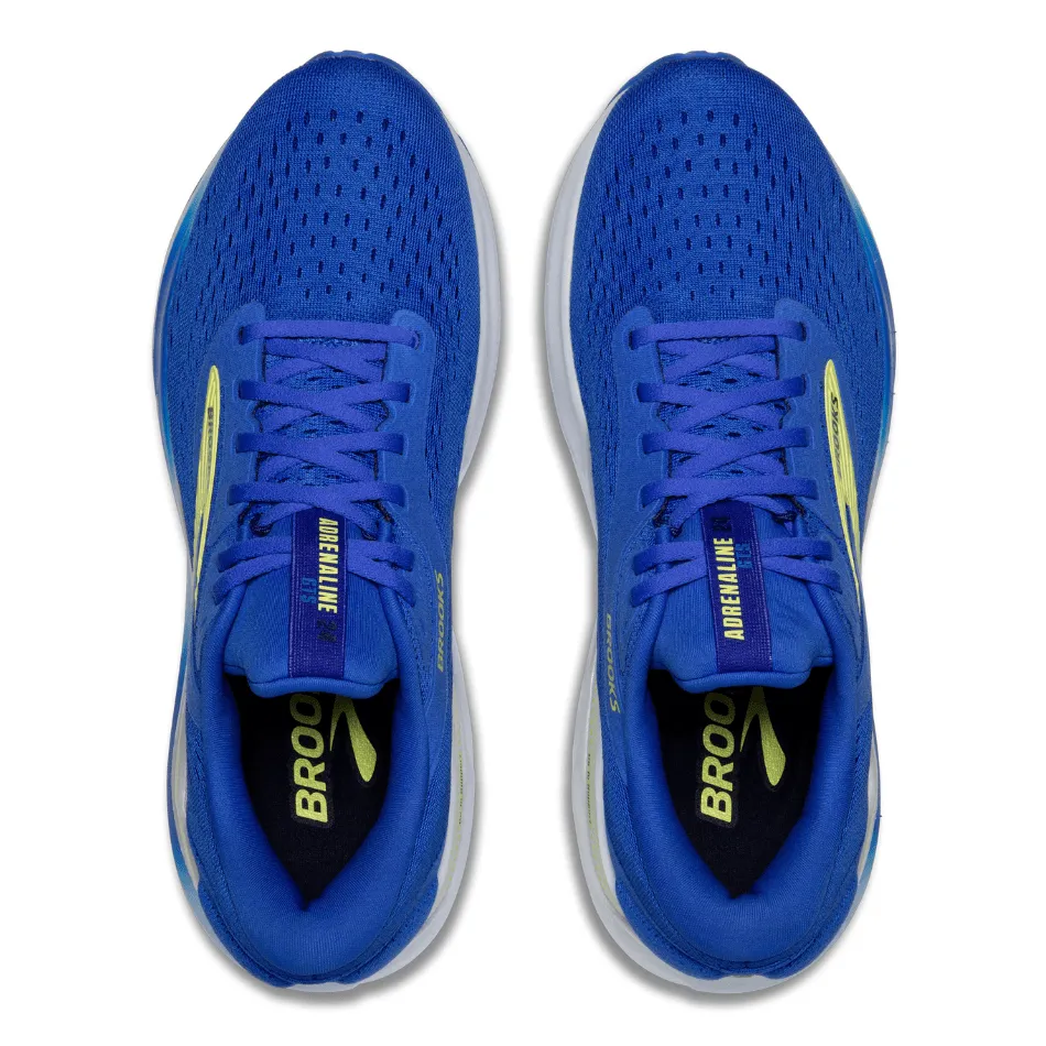 Brooks Men's Adrenaline GTS 24 Running Shoes 2E Width (Wide fit) in Cobalt/Neo Yellow/Peacoat SS25 running with a flexible outsole