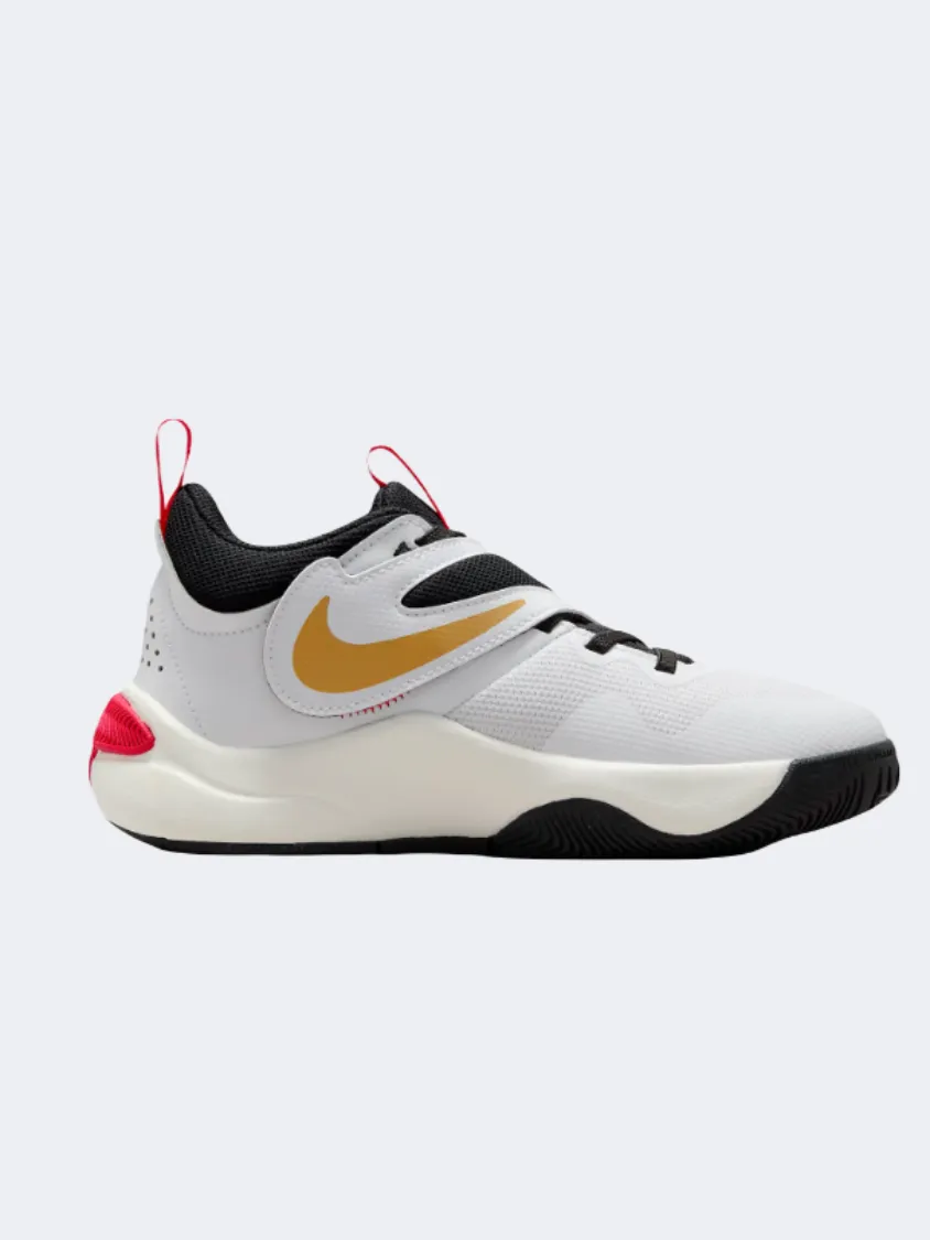 Nike Team Hustle 11 Gs-Boys Basketball Shoes White/Gold/Red/Black Airflow channels Light Core