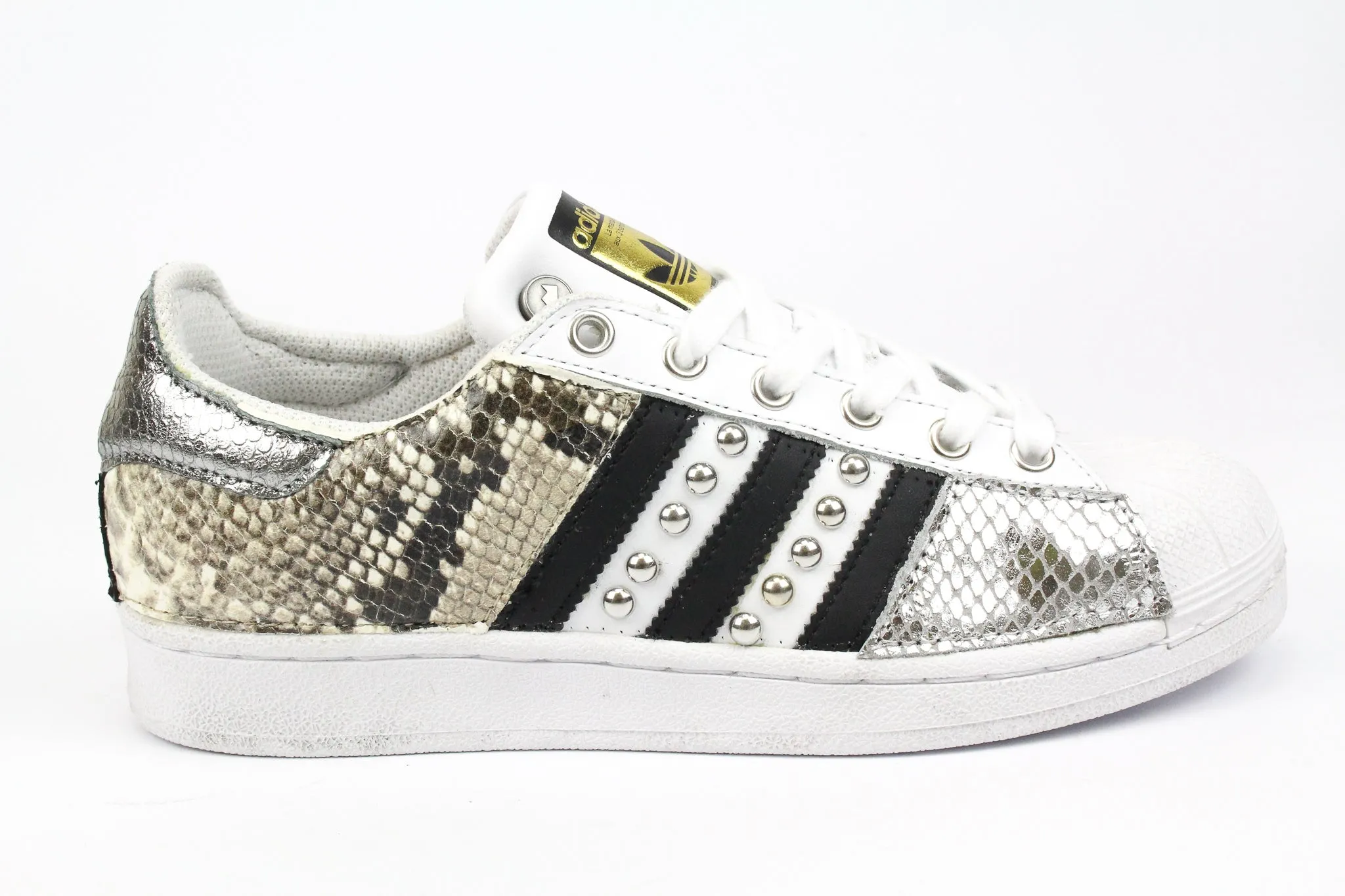Adidas Superstar Pitone Borchie & Pelle Laminata Argento Lean Look Hardwearing