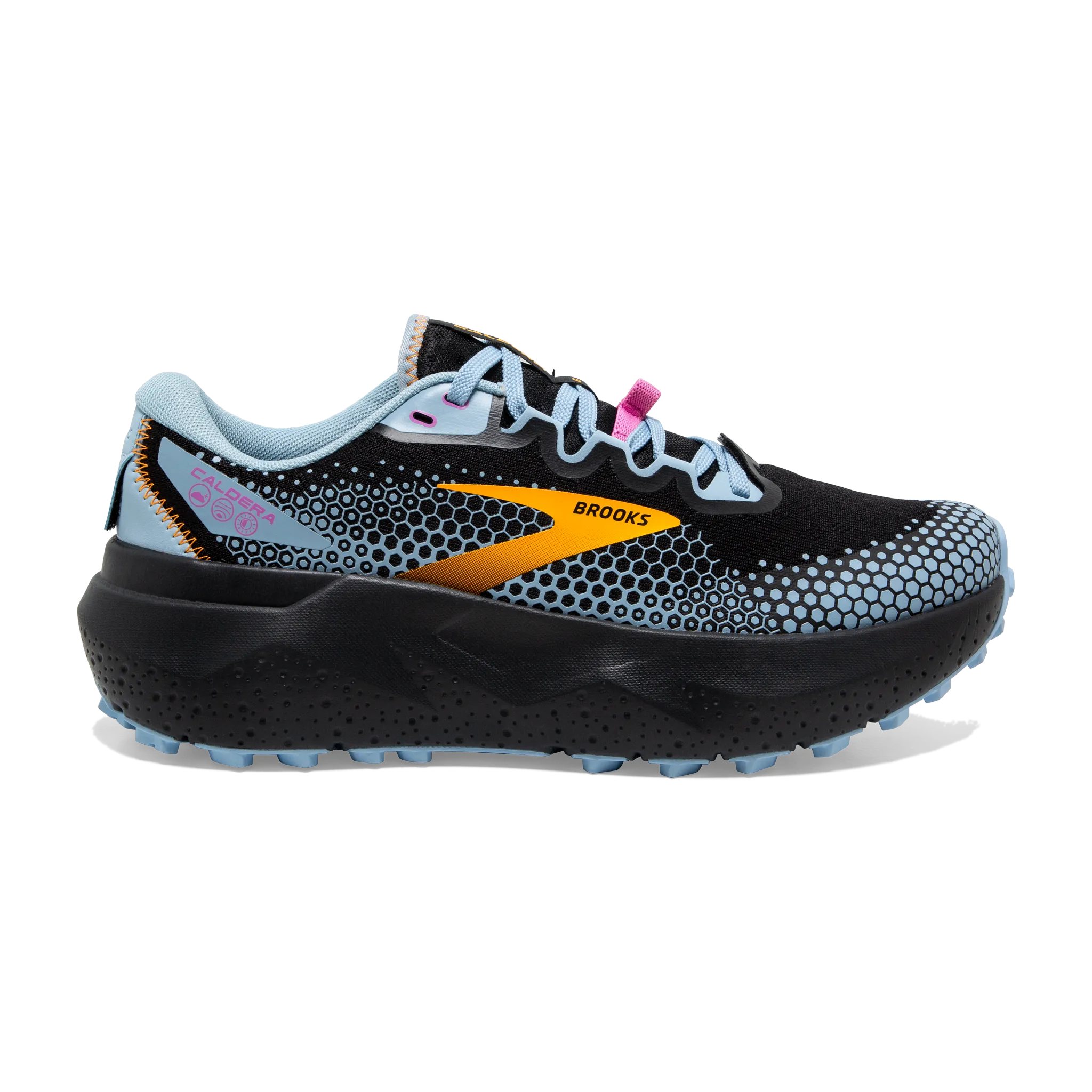 Women's Caldera 6 running with a bandana muddy shoes