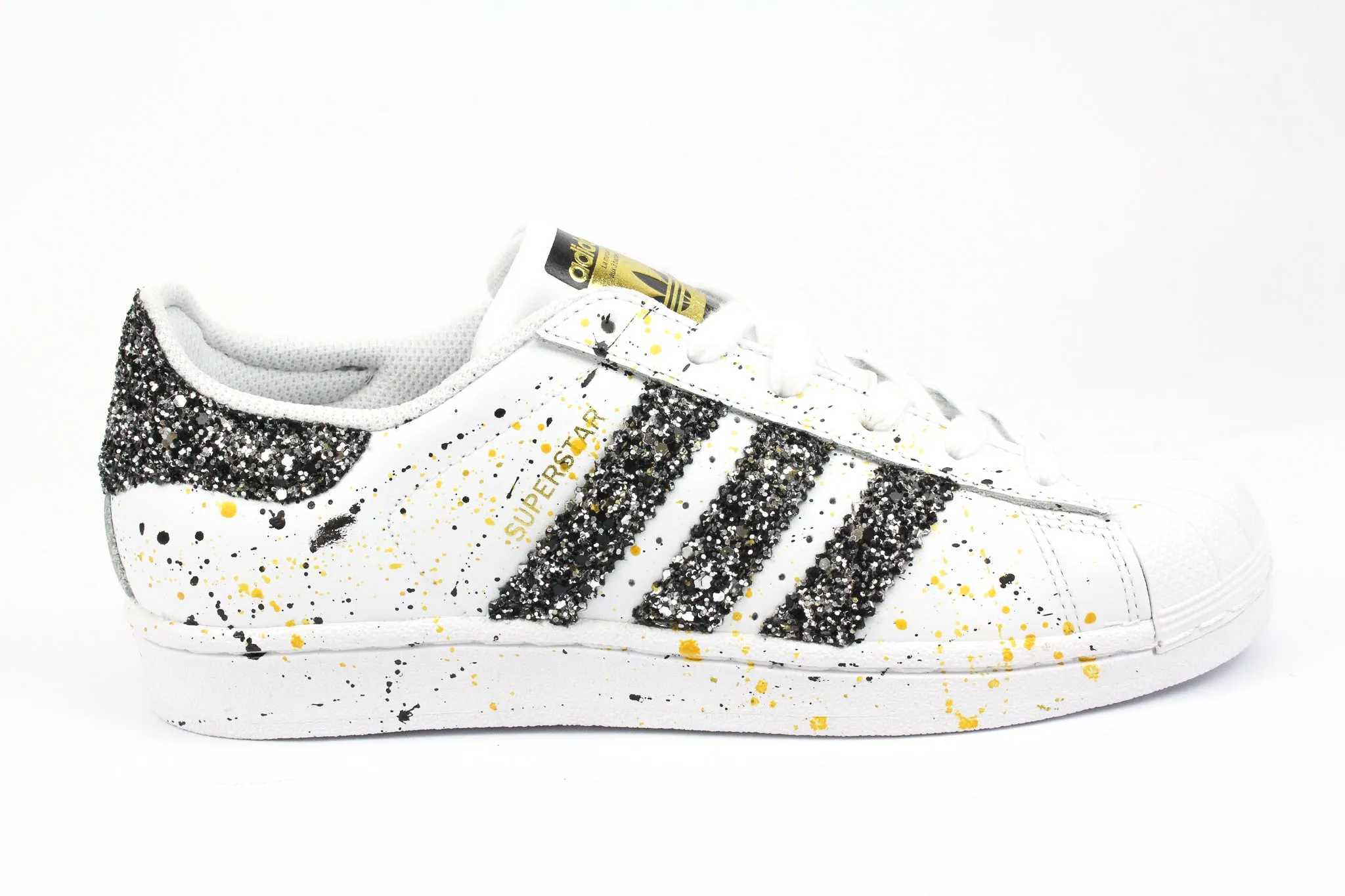 Non Slip Outsole Stay Light Adidas Superstar Black Silver Glitter & Vernice