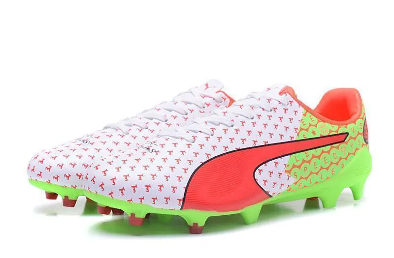 PUMA evoSPEED 17 SL-S FG Soccer Cleats White Orange Green Ventilated Fit