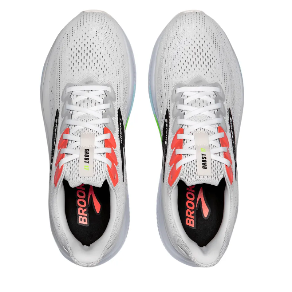 Brooks Men's Ghost 17 Running Shoes in White/Pink Clay/Gecko AW25 Foam Technology Non Restrictive Collar