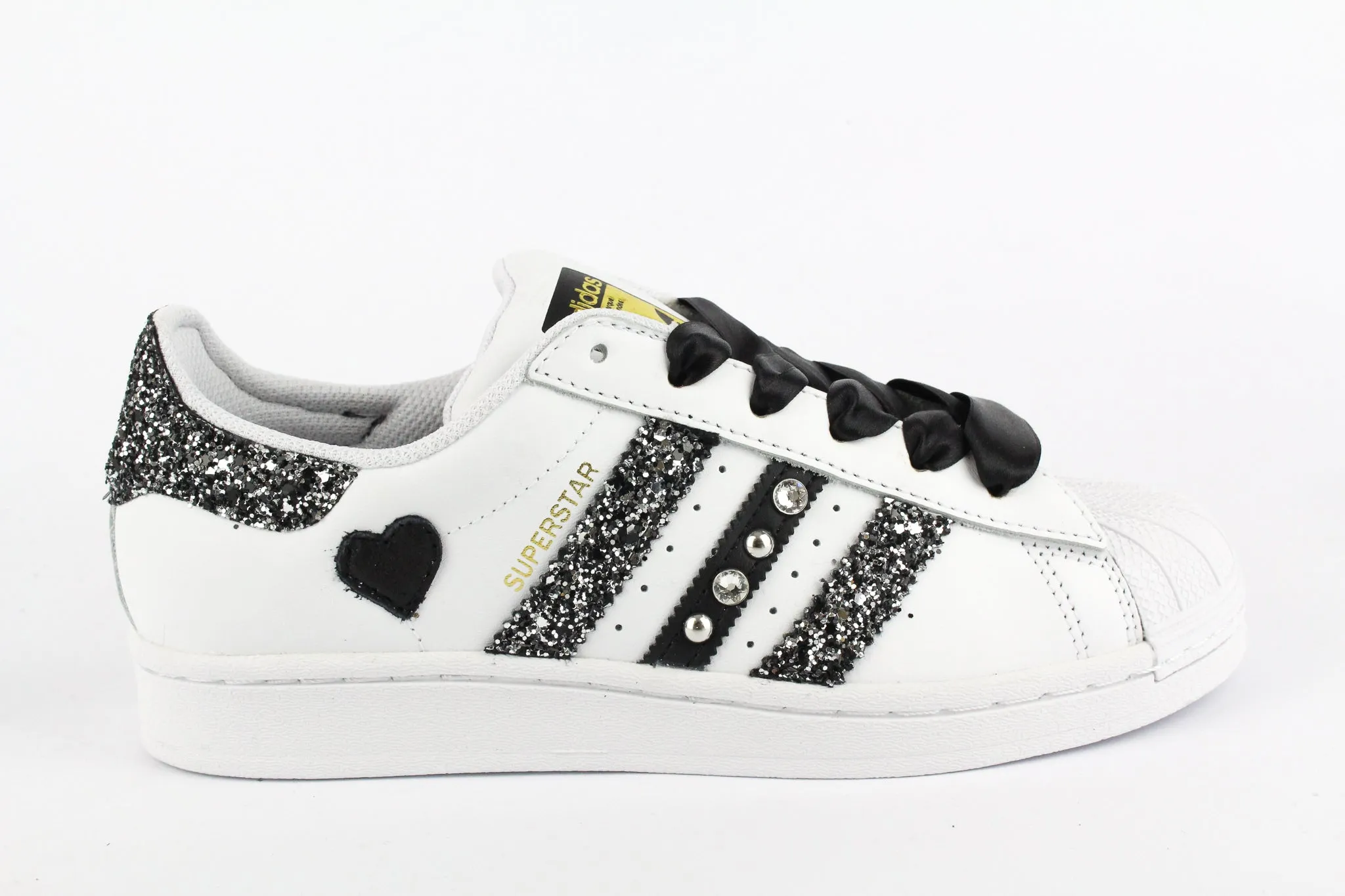 Adidas Superstar Glitter Black Silver Cuore Strass & Lacci Raso Fast Walk