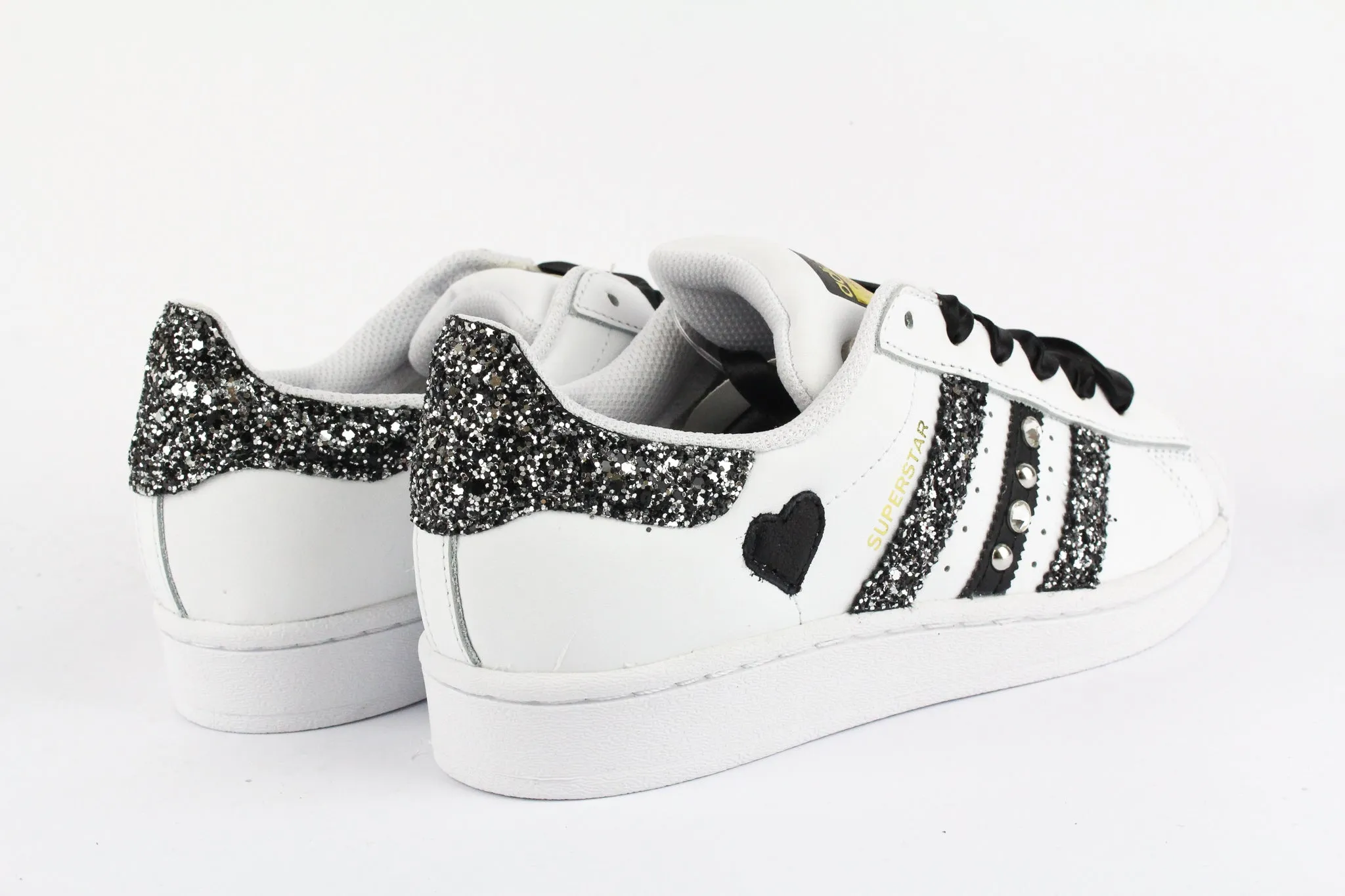 Walk Free Abrasion Free Lacing Adidas Superstar Glitter Black Silver Cuore Strass & Lacci Raso