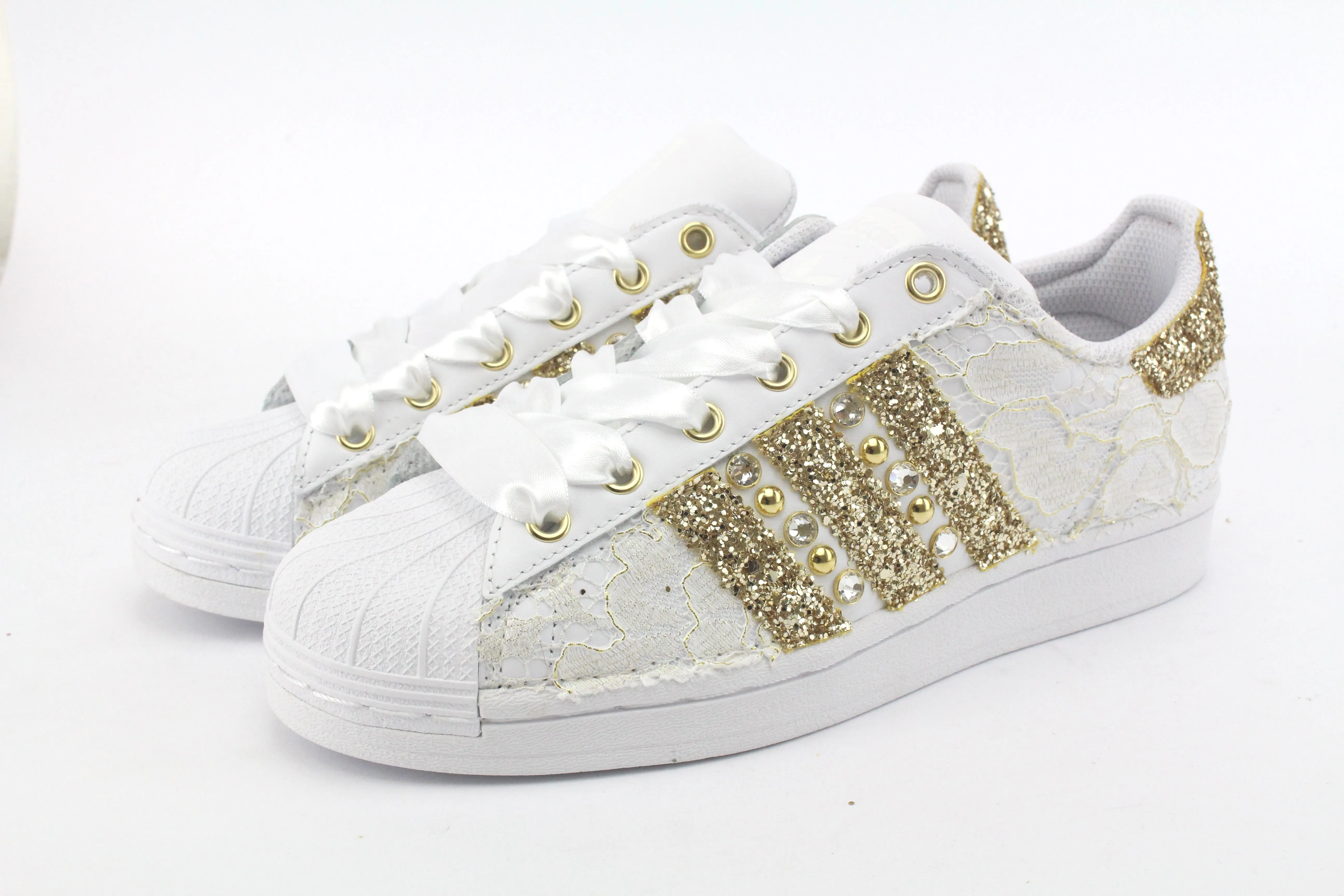 Adidas Superstar Pizzo White Glitter Oro Borchie & Strass Light frame Narrow heel