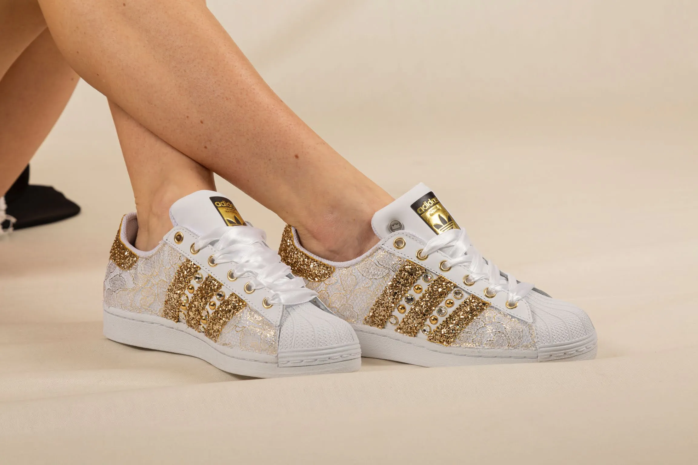 Adidas Superstar Pizzo White Glitter Oro Borchie & Strass Shop Day Event Step