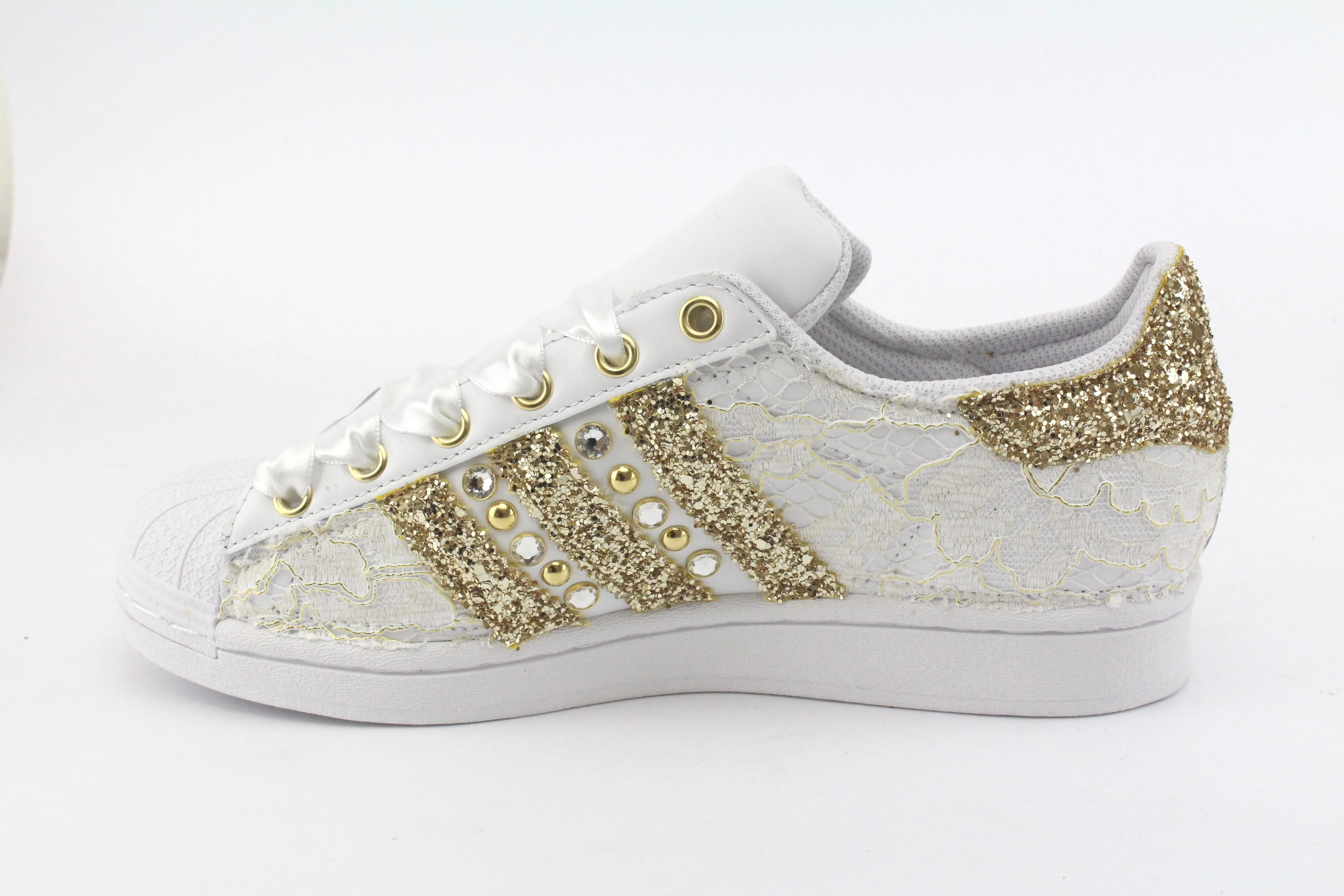 Soft Detail Leather   upper Adidas Superstar Pizzo White Glitter Oro Borchie & Strass