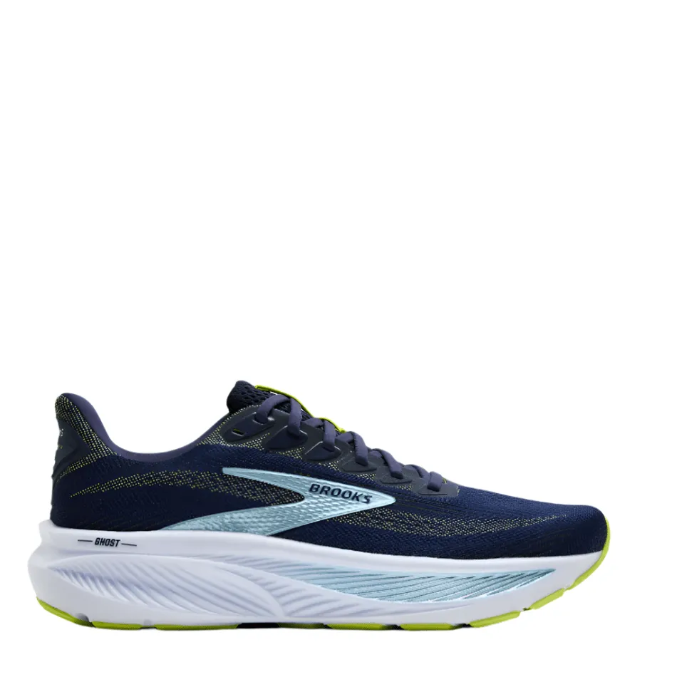Brooks Men's Ghost 17 2E Wide Fit Running Shoes in Peacoat/Lime/Blue AW25 gender - specific - fit Impact Absorbing Structure