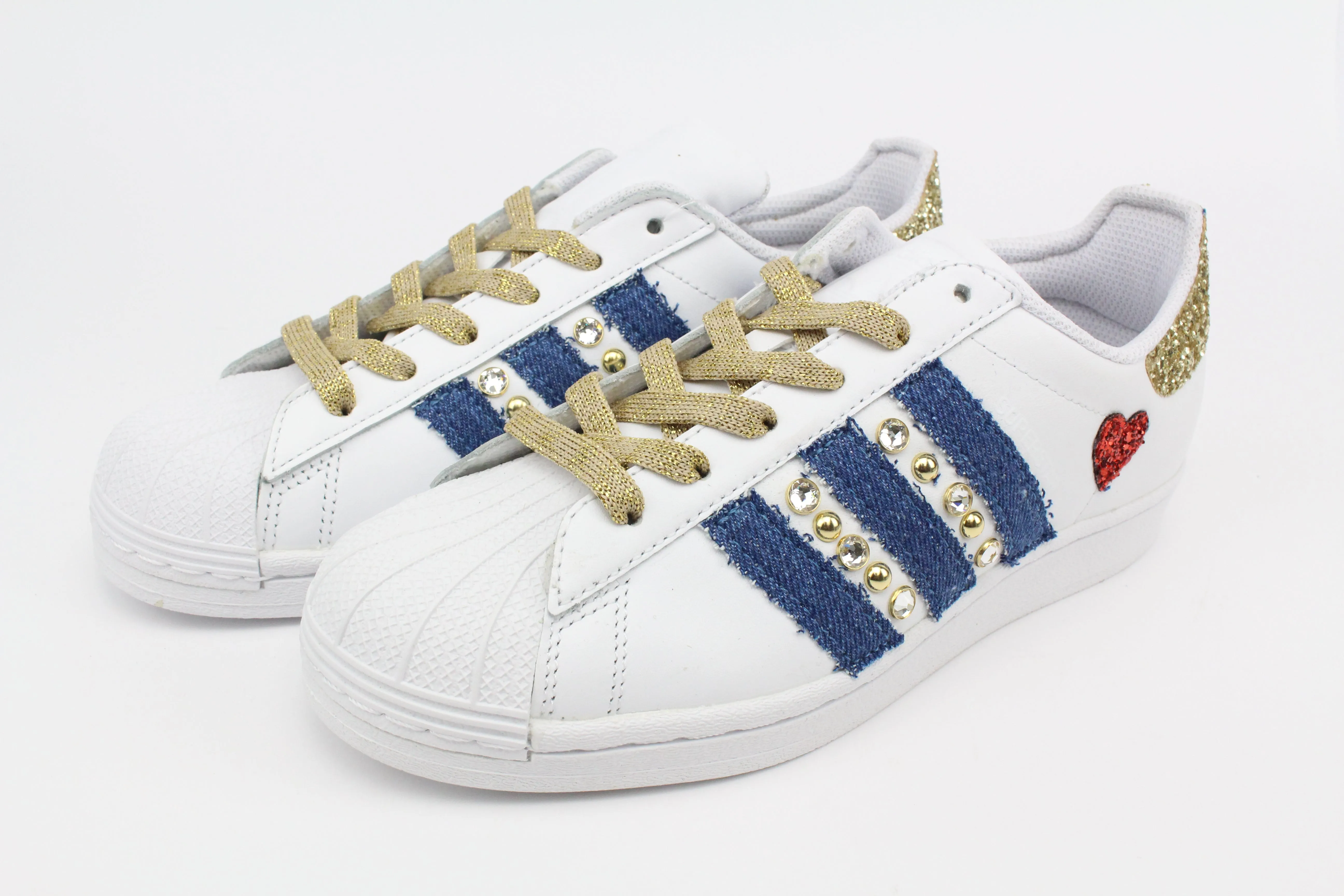 London Edge Adidas Superstar Denim Jeans Strass & Cuore Rosso