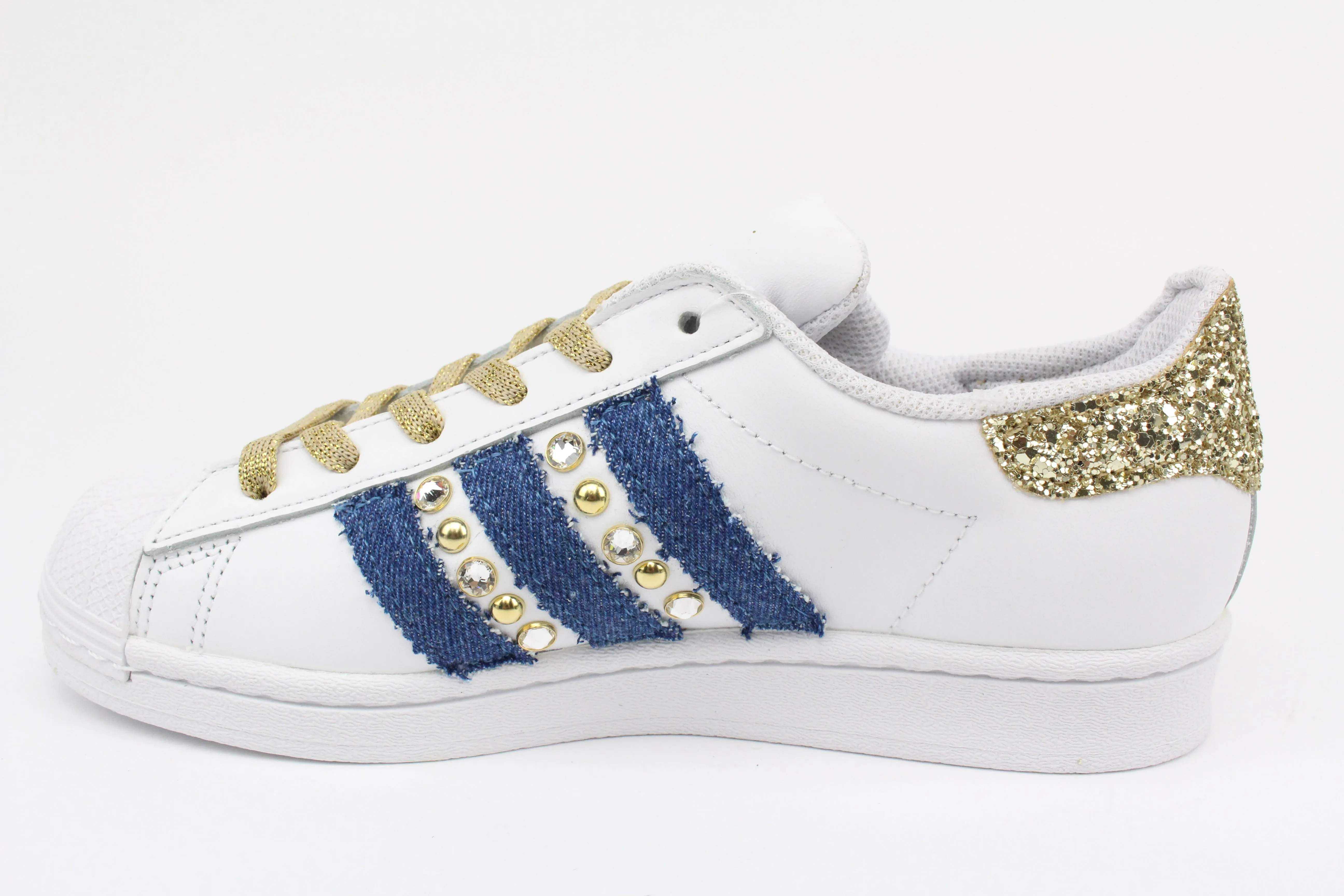 Adidas Superstar Denim Jeans Strass & Cuore Rosso Padded Comfort Punch Step
