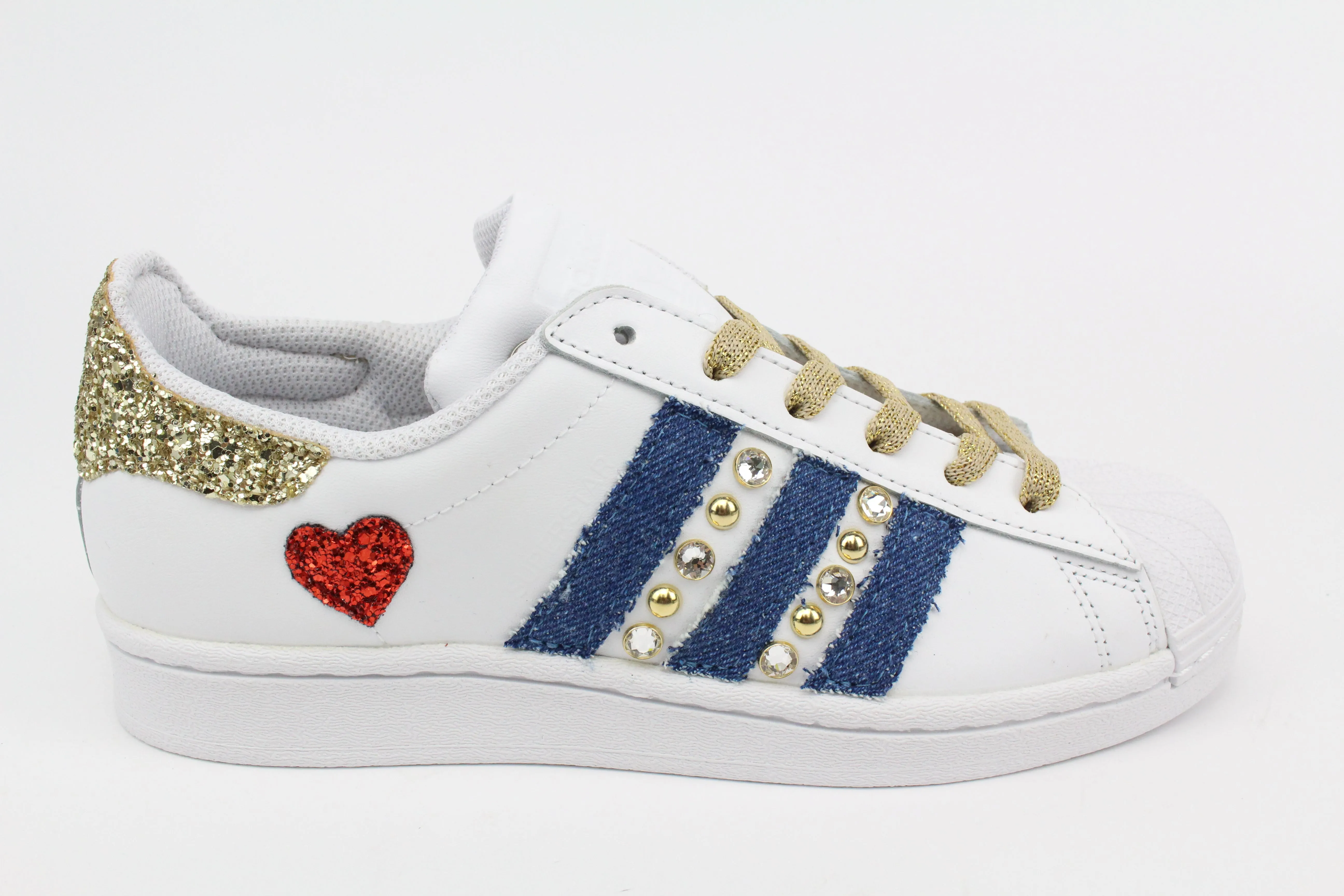 Adidas Superstar Denim Jeans Strass & Cuore Rosso Non-Slip Design Strong Stride