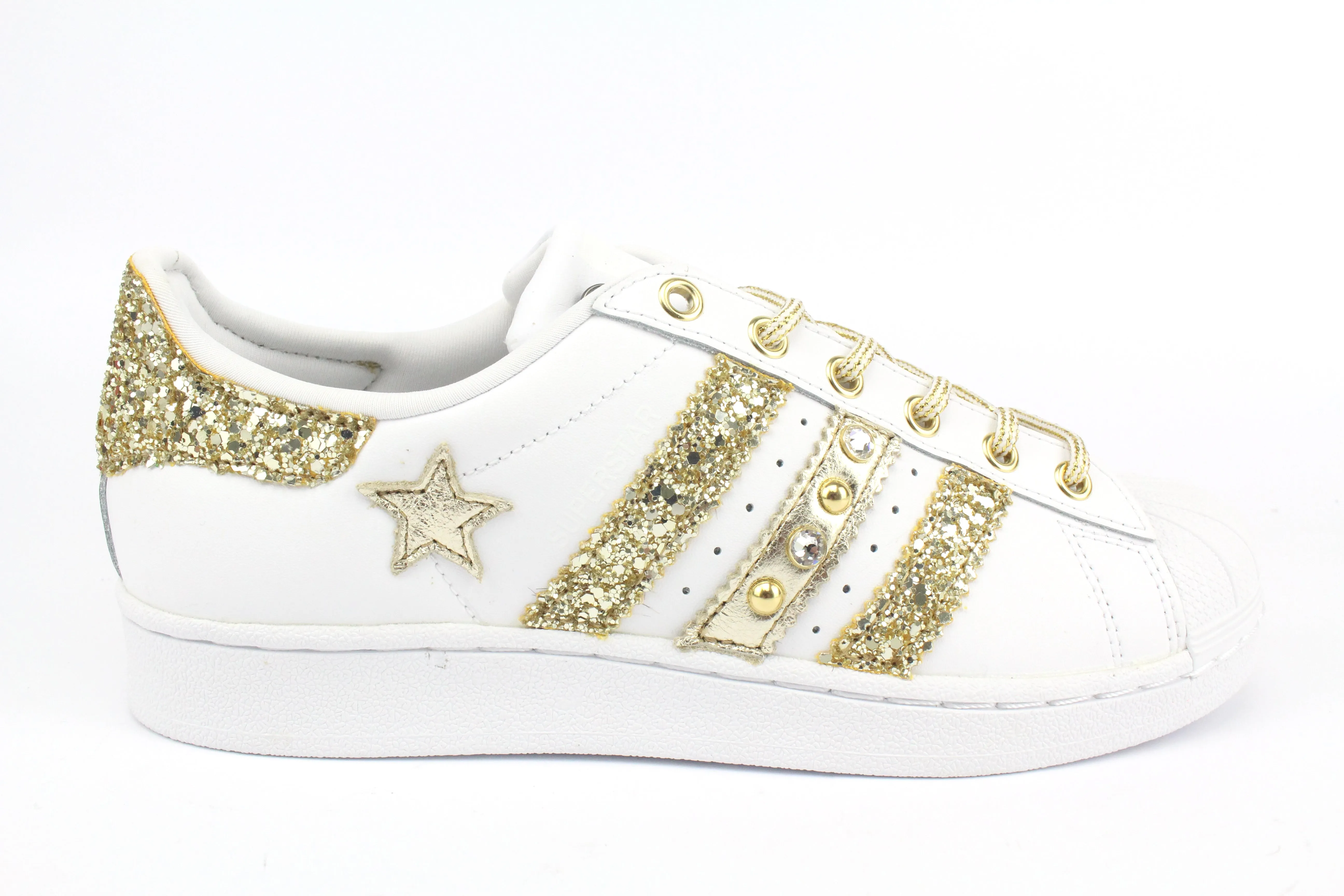 Trail Run Adidas Superstar Glitter Gold Stella Gold Strass & Lacci Raso