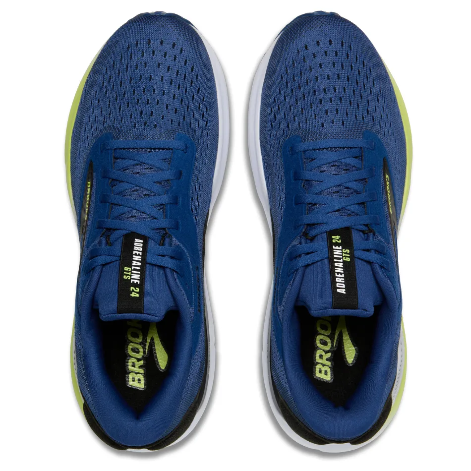 Brooks Men's Adrenaline GTS 24 Running Shoes in Navy Pony/Black/Acid Lime AW25 Arch Comfort Ergonomic Last Shape