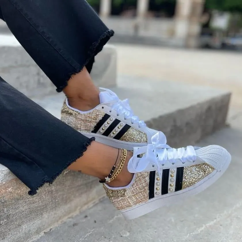Holiday Comfort Leather Adidas Superstar Gold Boucl?? Glitter & Borchie