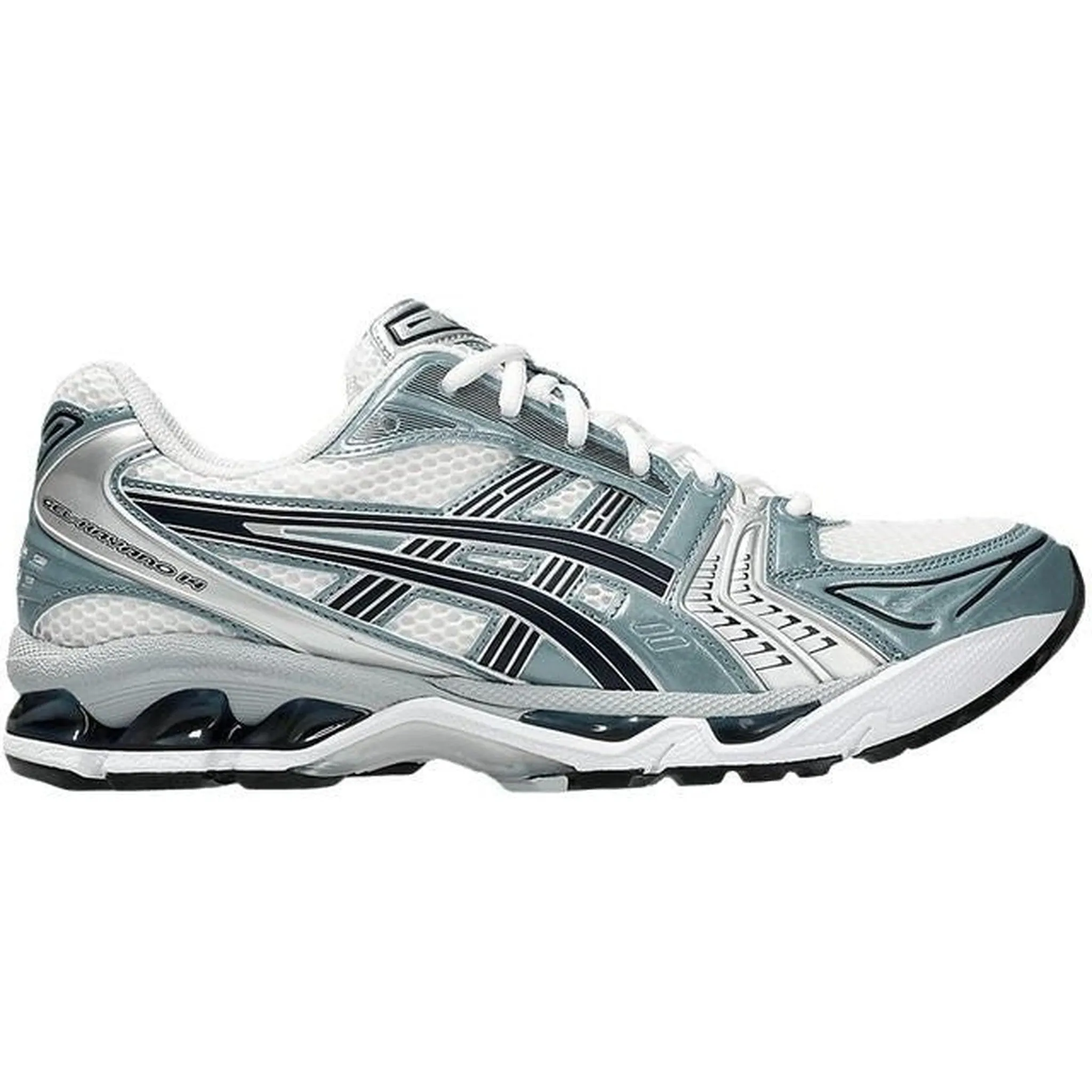 ASICS Gel-Kayano 14 White Fjord Grey running in shaded tracks shoes