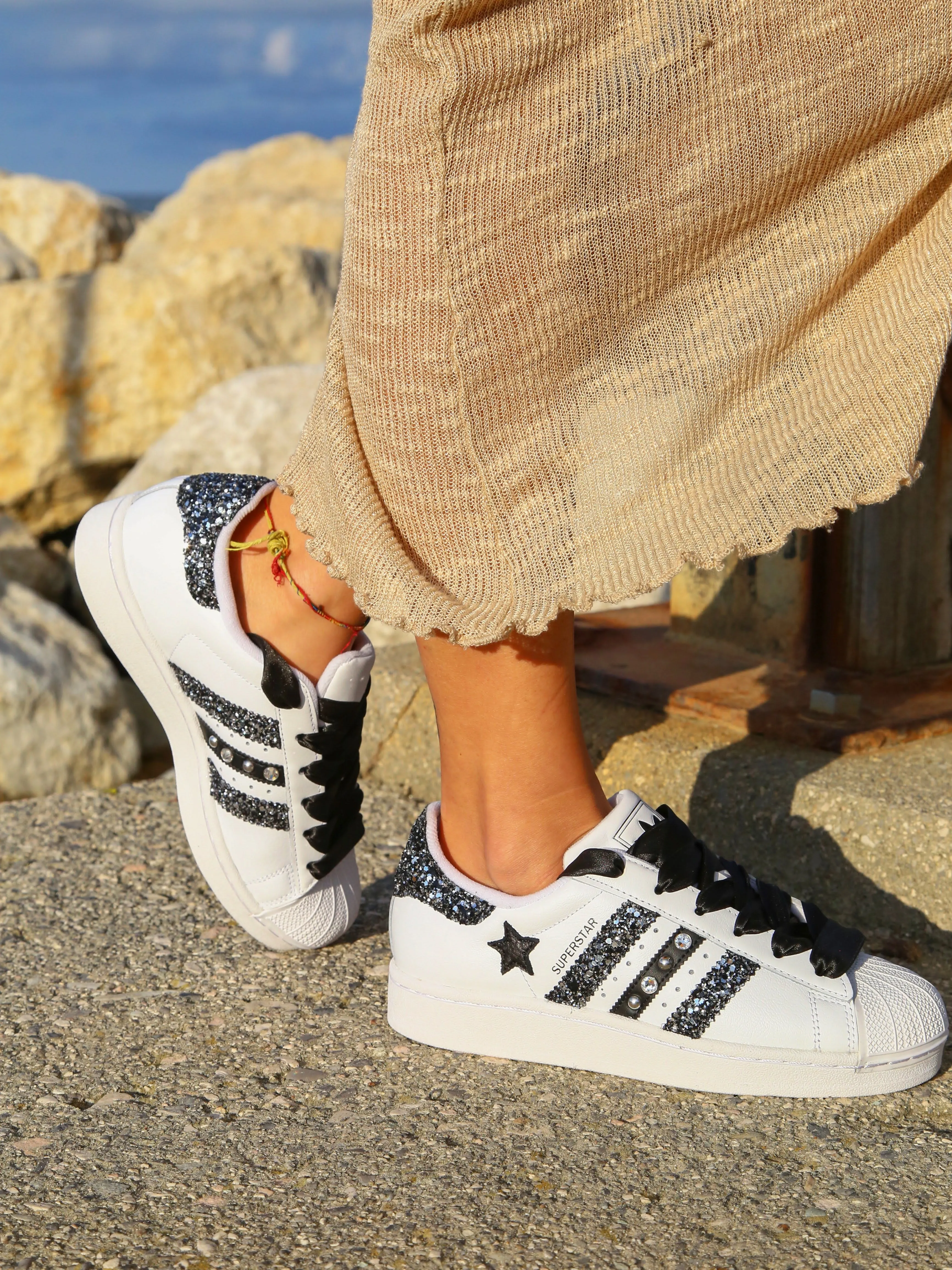 Adidas Superstar Glitter Black Silver Stella Strass & Lacci Raso Flat Bottom Long Step