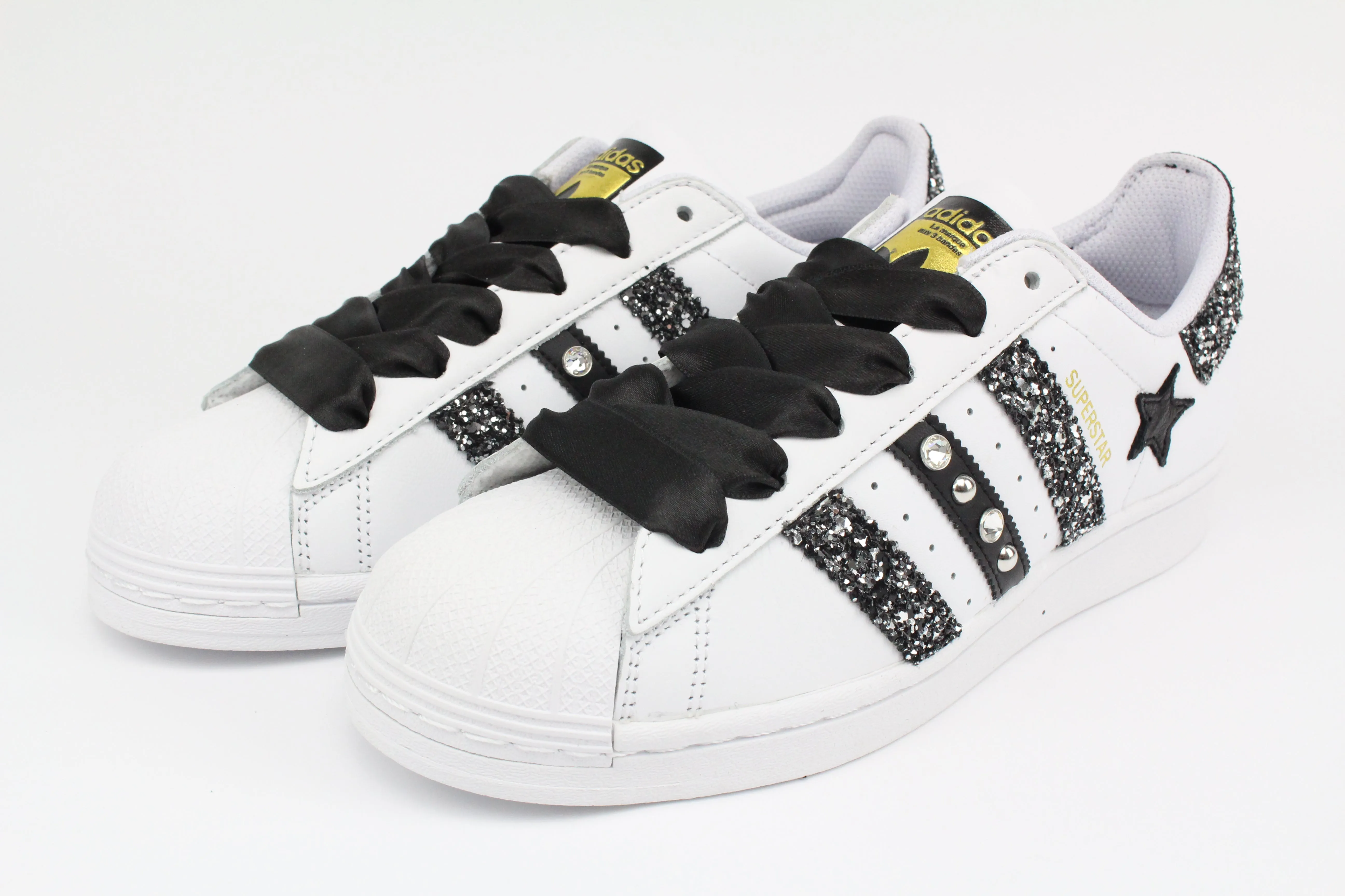 No Tie Chill Fit Adidas Superstar Glitter Black Silver Stella Strass & Lacci Raso