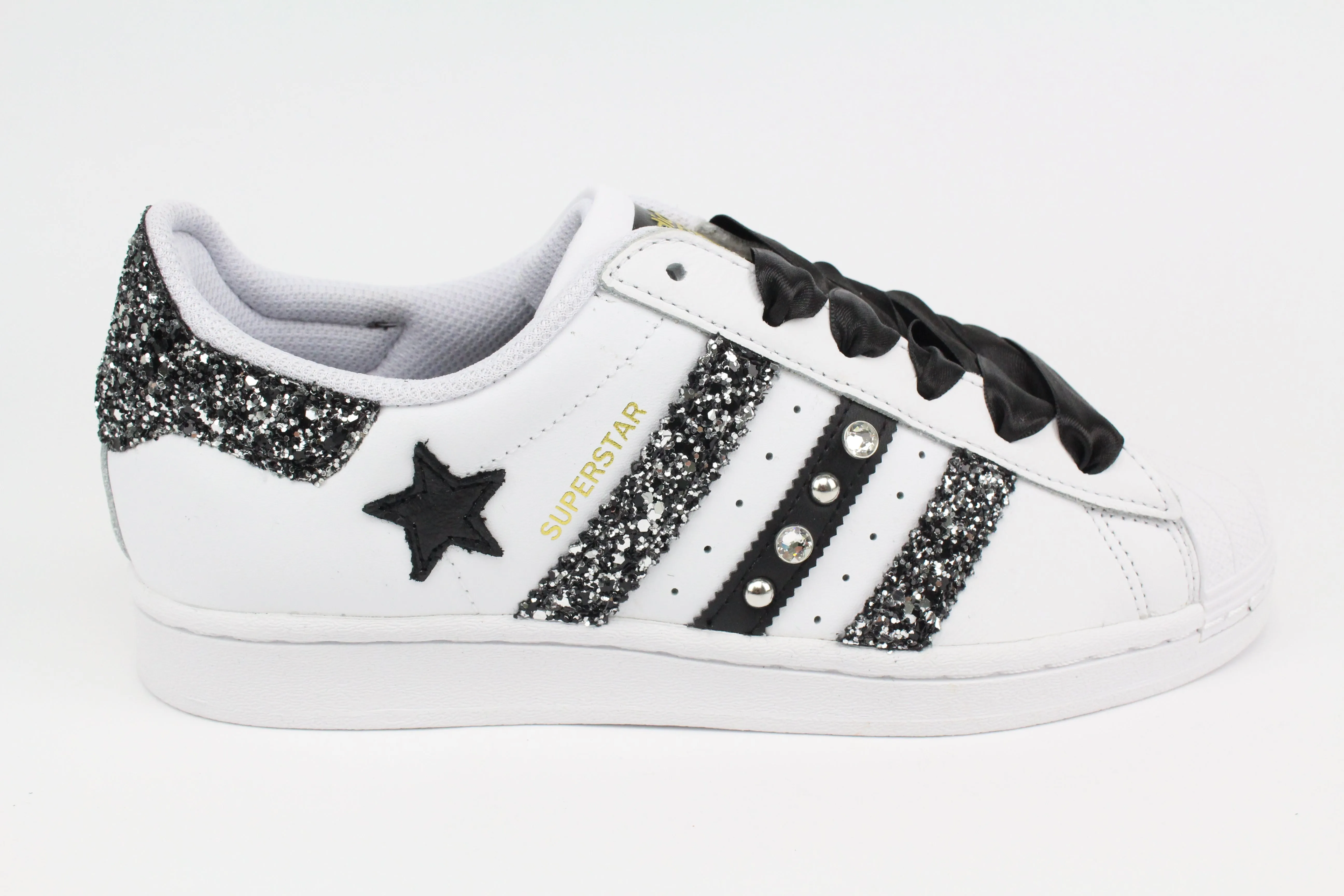 Adidas Superstar Glitter Black Silver Stella Strass & Lacci Raso Dynamic Fit