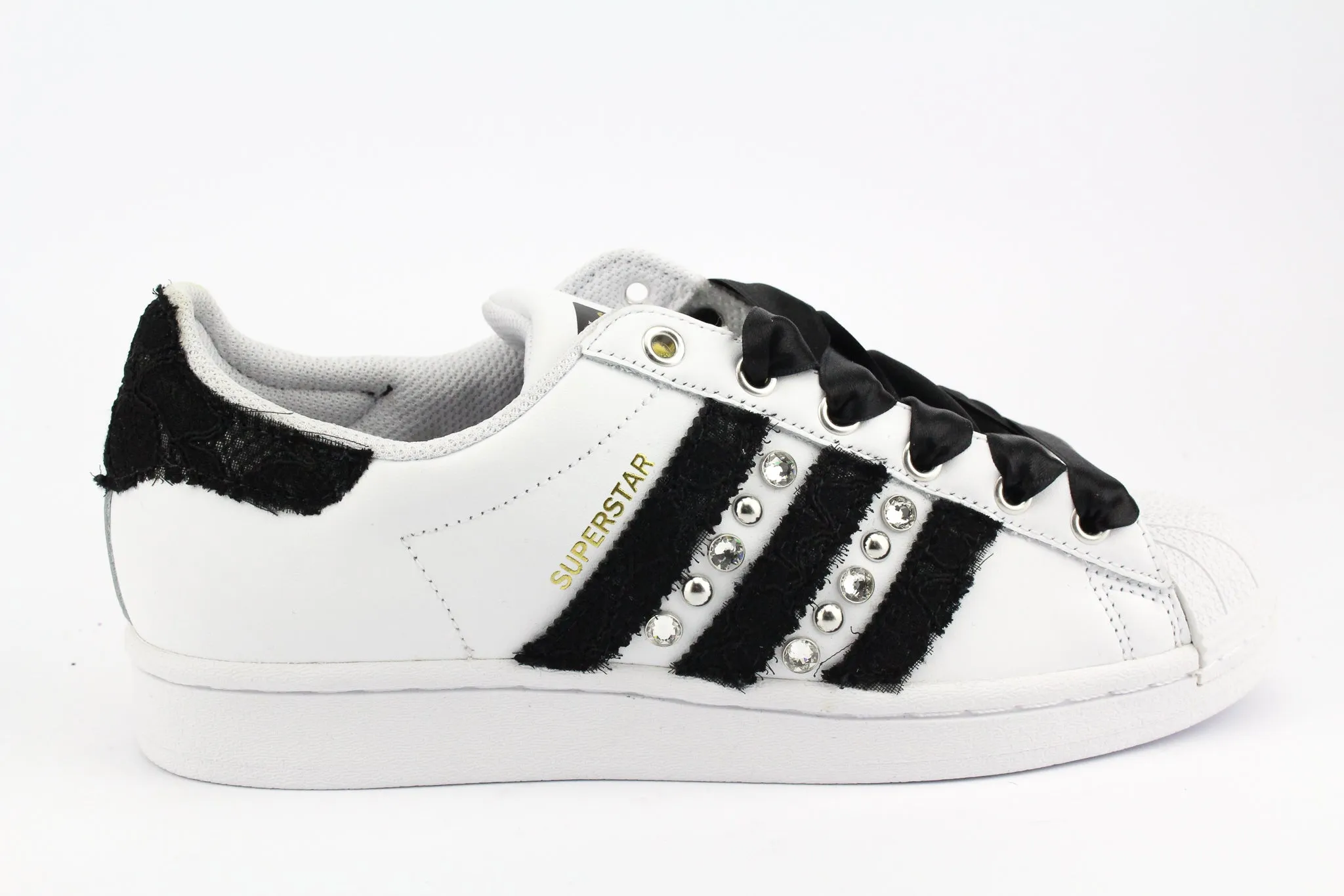 Scratch Resistant Toe Anti microbial Adidas Superstar Black Pizzo Strass & Lacci Raso