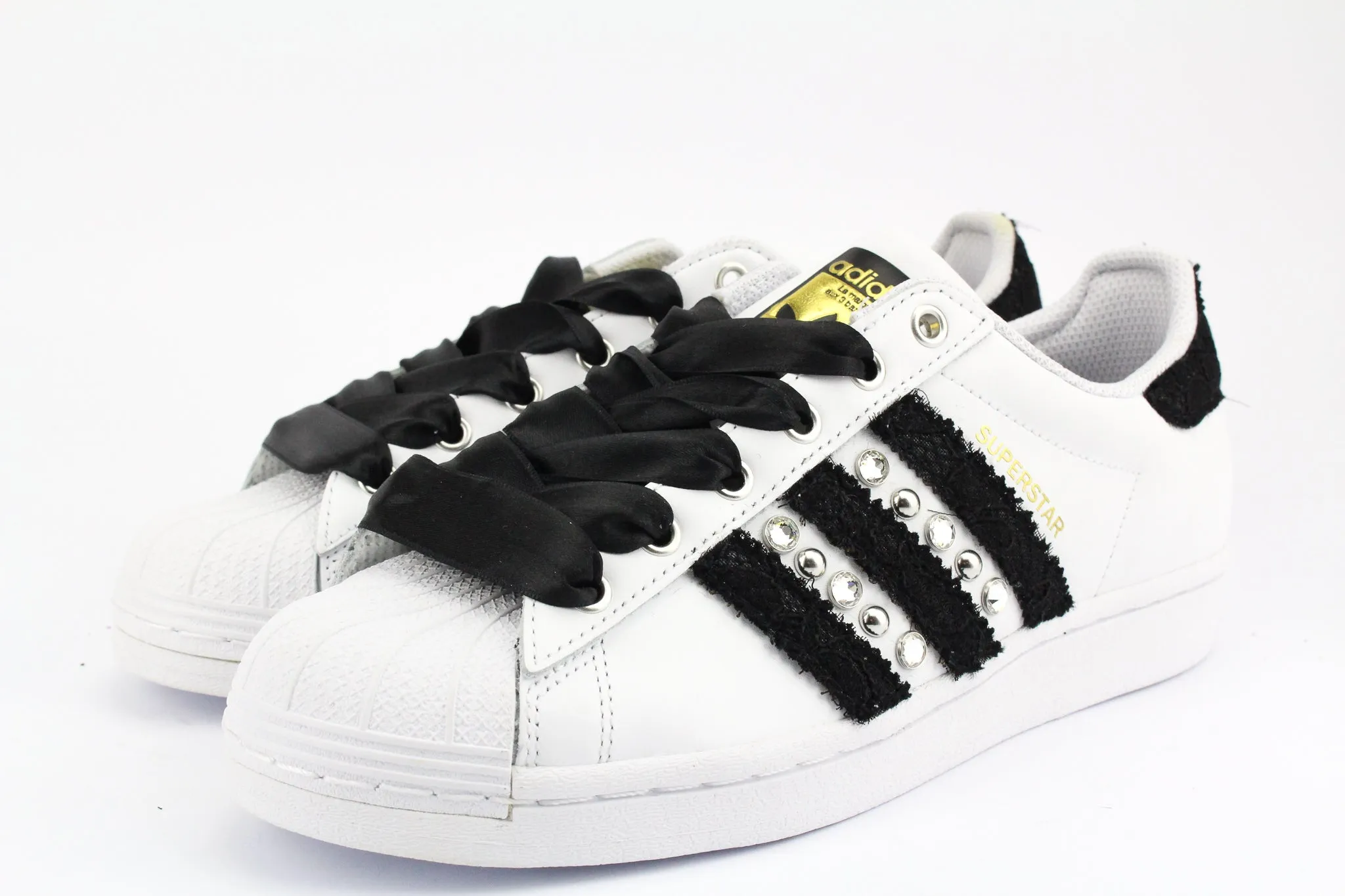 Chic Style Join Step Adidas Superstar Black Pizzo Strass & Lacci Raso