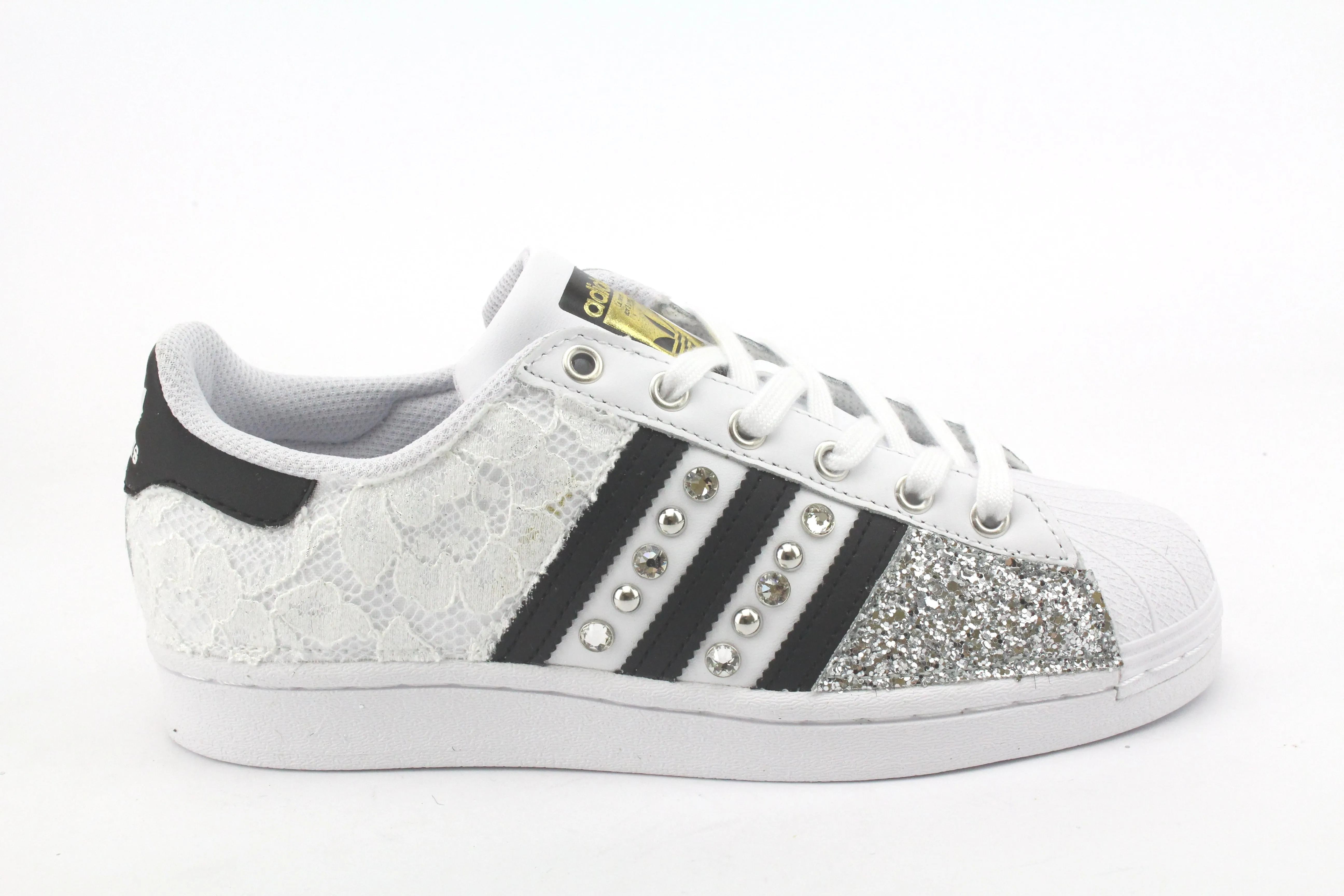 Adidas Superstar Pizzo White Glitter Argento Loafer Style Snack Step