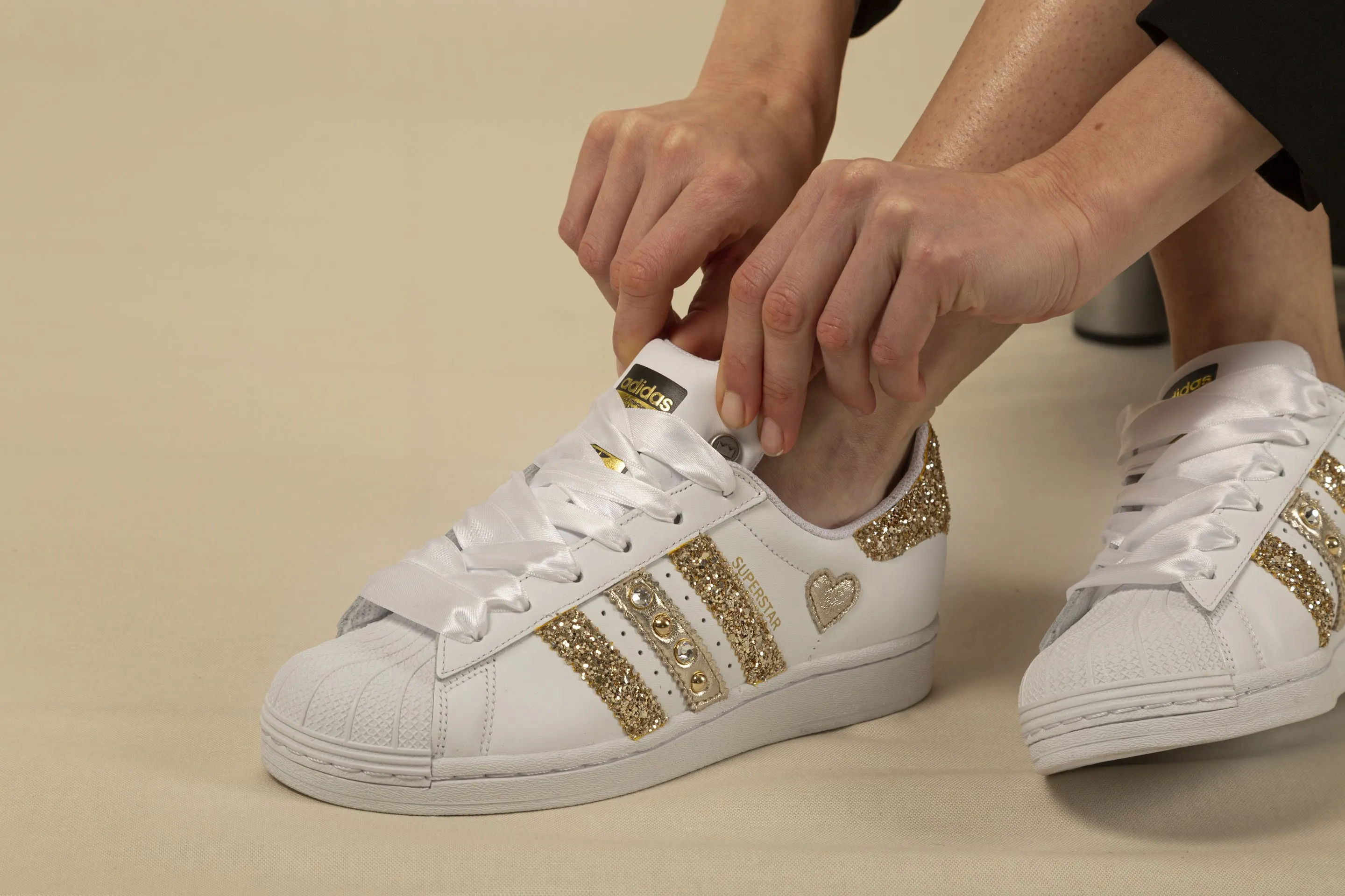 Game Day Travel Light Adidas Superstar Glitter Gold Cuore Gold Strass & Lacci Raso
