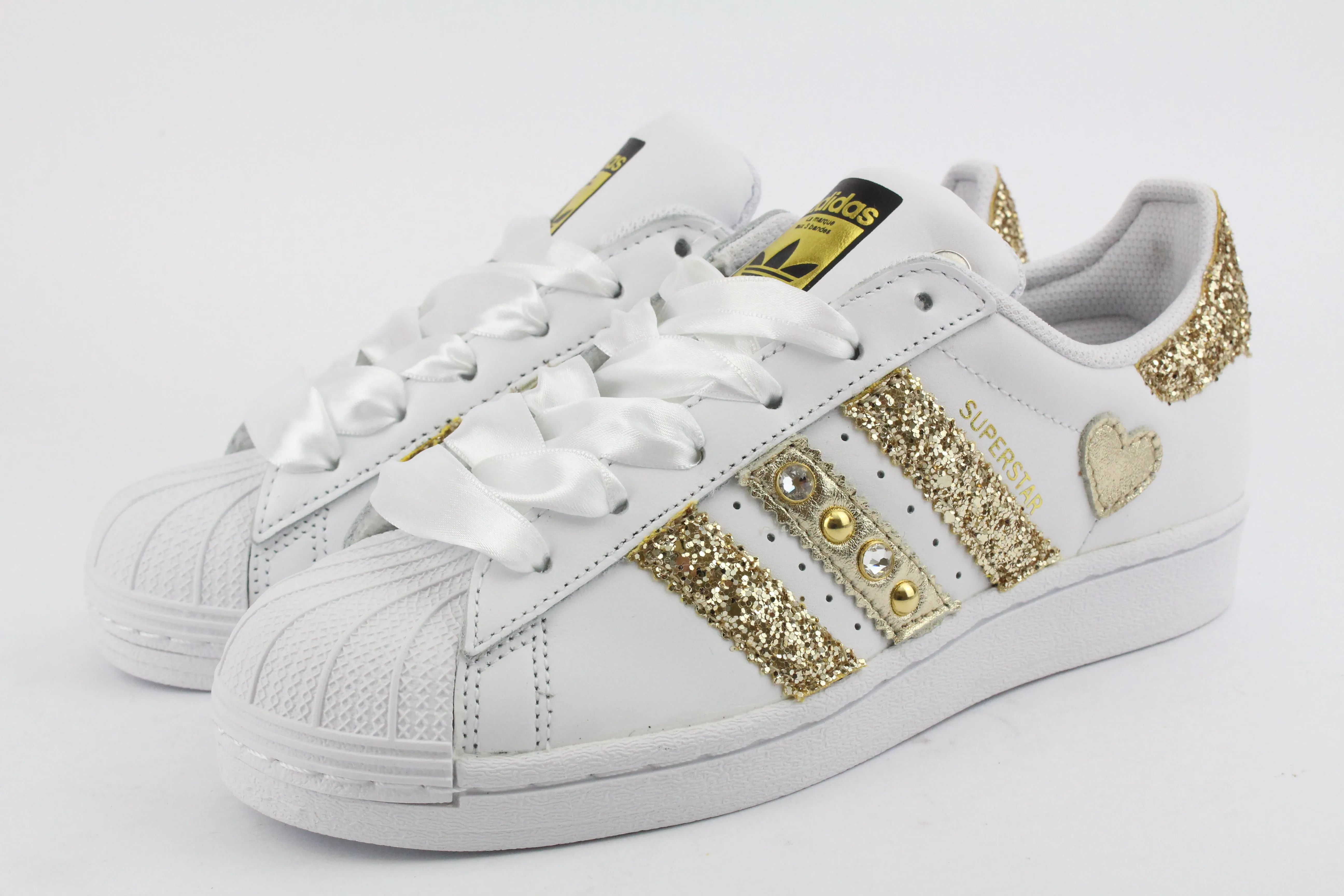 Adidas Superstar Glitter Gold Cuore Gold Strass & Lacci Raso Move Smart