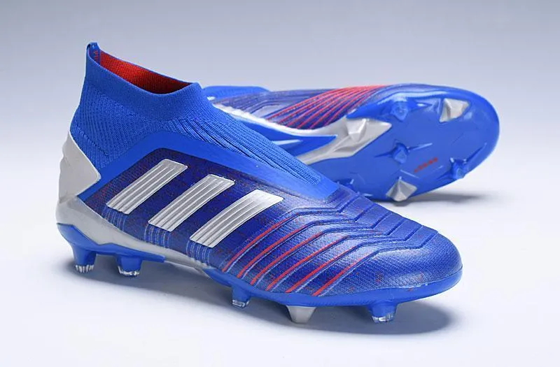 New Adidas Predator 19.1 FG Soccer Cleats Shoes Blue Red Laceless Zone Control Running Action