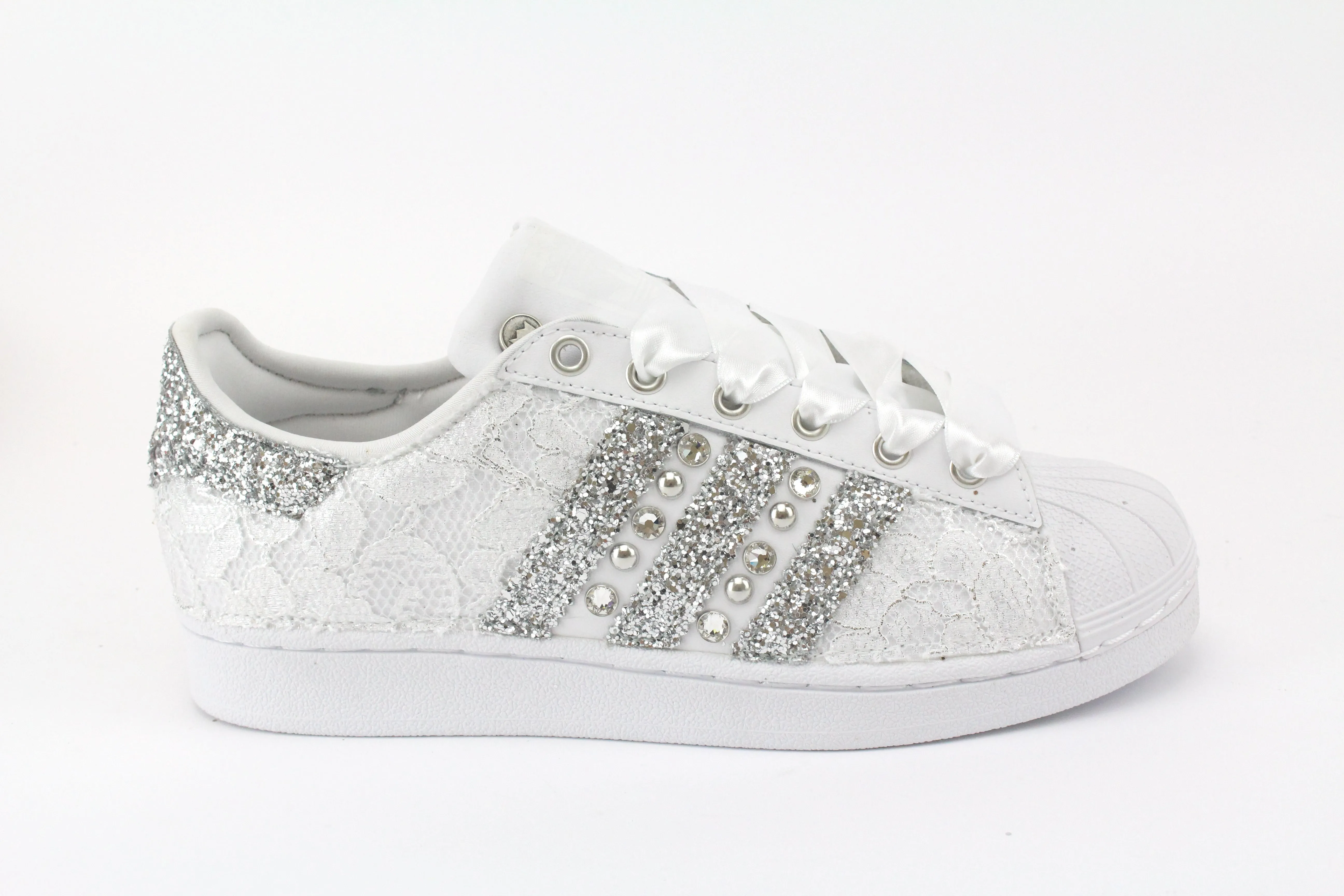 clean look Breathable Comfort Adidas Superstar Pizzo White Glitter Argento Borchie & Strass