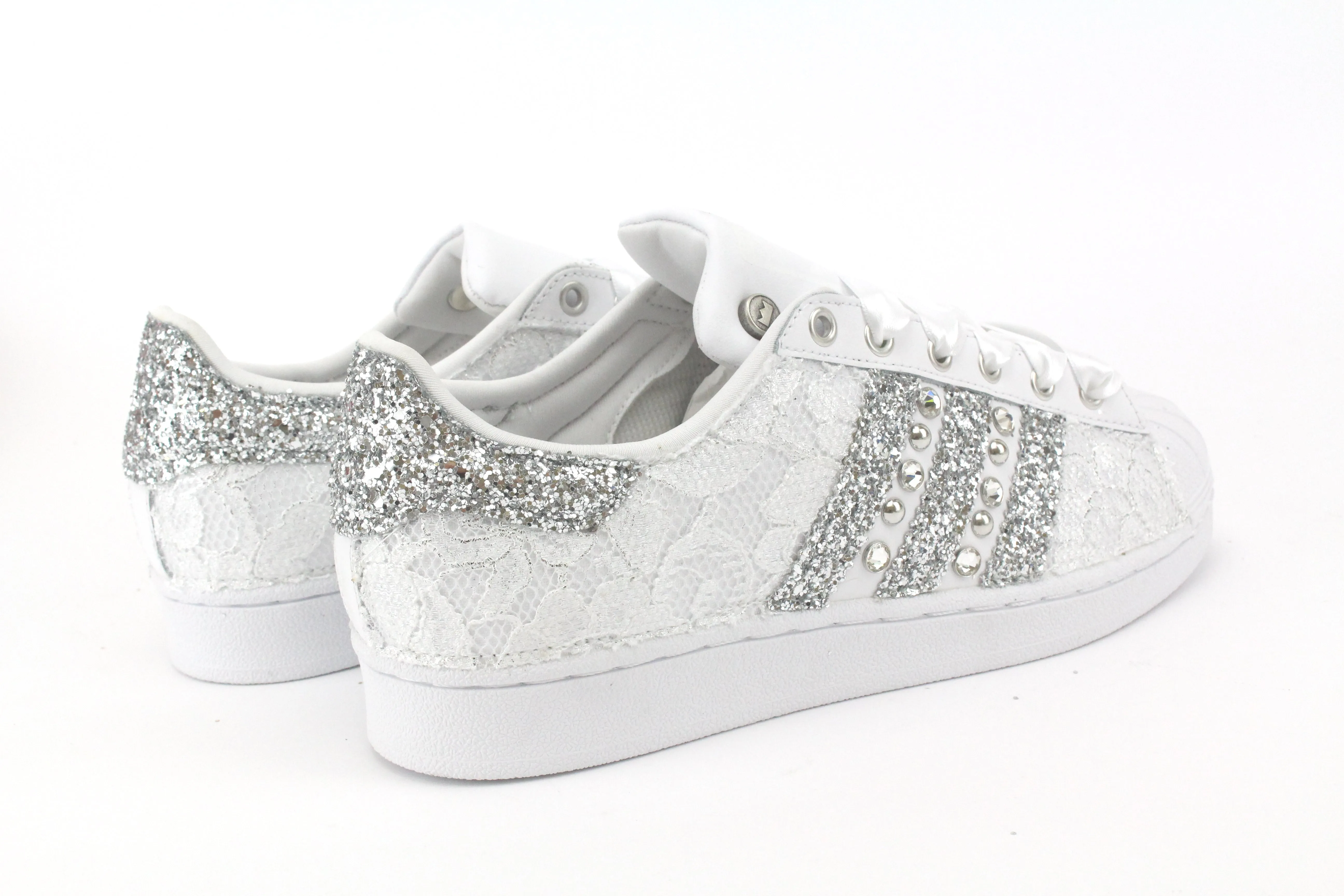 Adidas Superstar Pizzo White Glitter Argento Borchie & Strass Punch Step Gold Shine