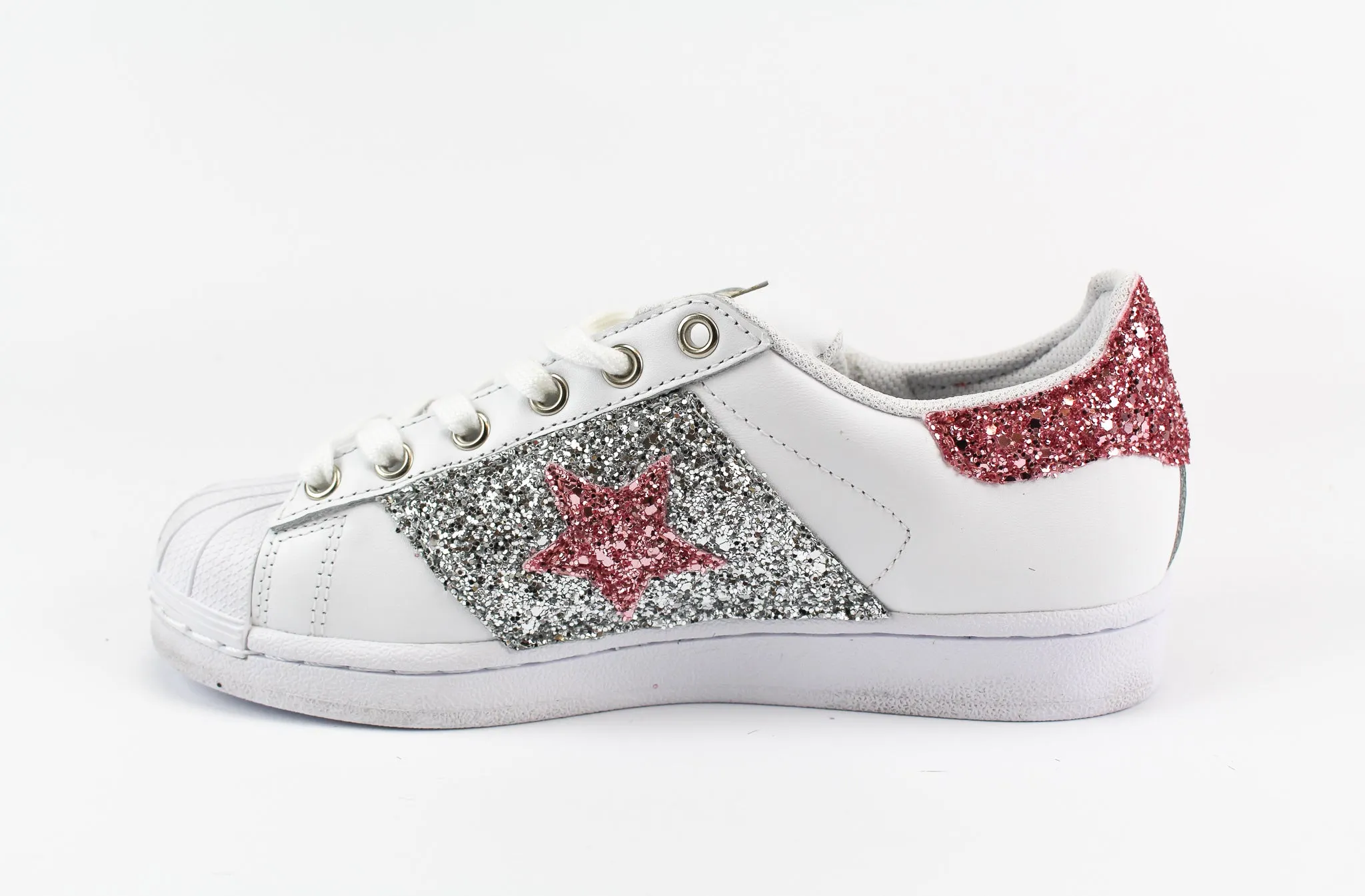 Adidas Superstar Stella Pink & Silver Glitter Textured Grip Pattern