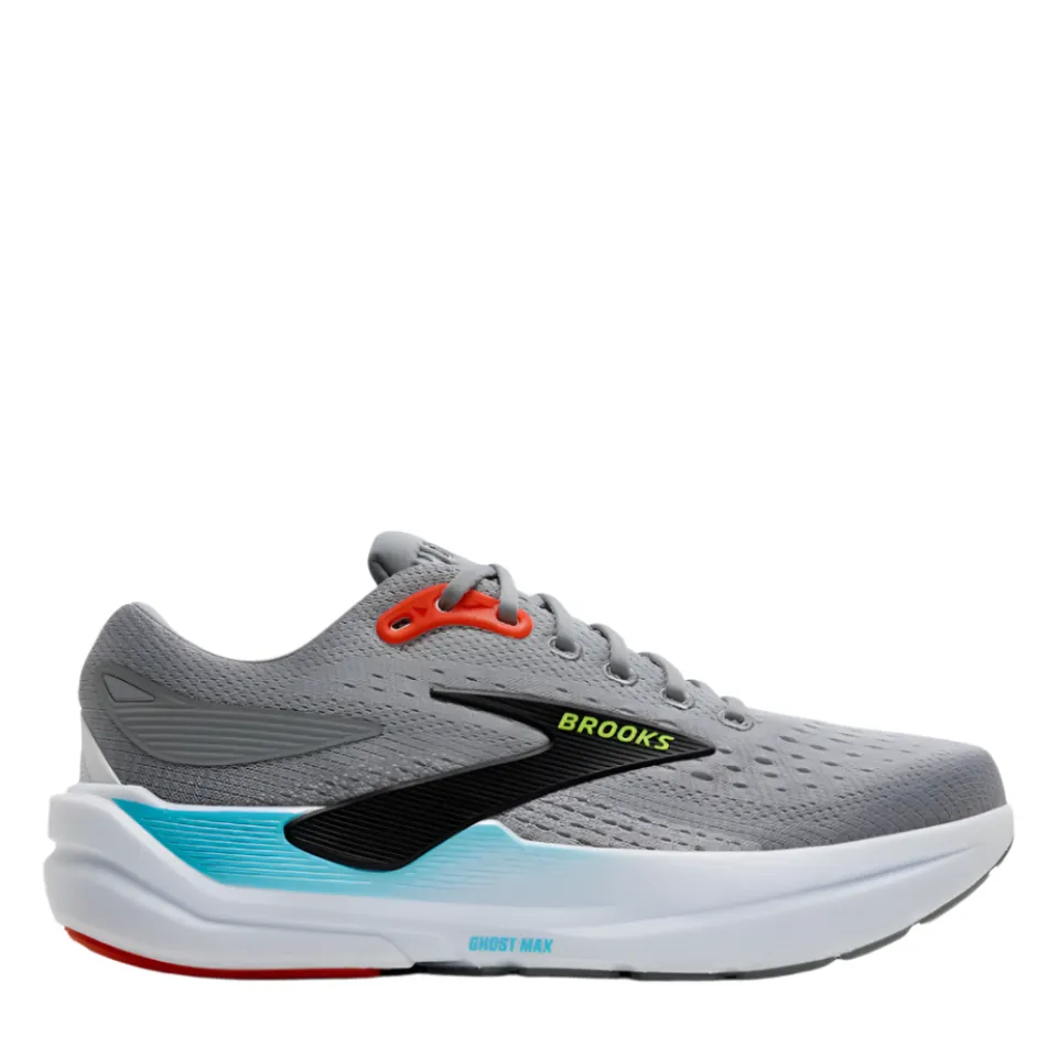 Brooks Men's Ghost Max 3 Running Shoes in Primer Grey/Antarctica/Red AW25 Breathable mesh design Pressure Relief Inserts