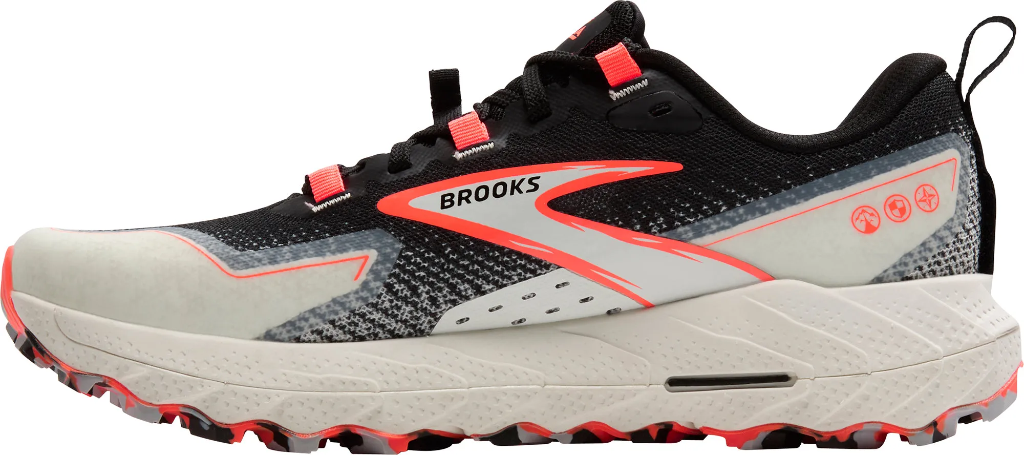 Brooks Cascadia 18 Womens Trail Running Shoes - Black running on a wooden track shoes