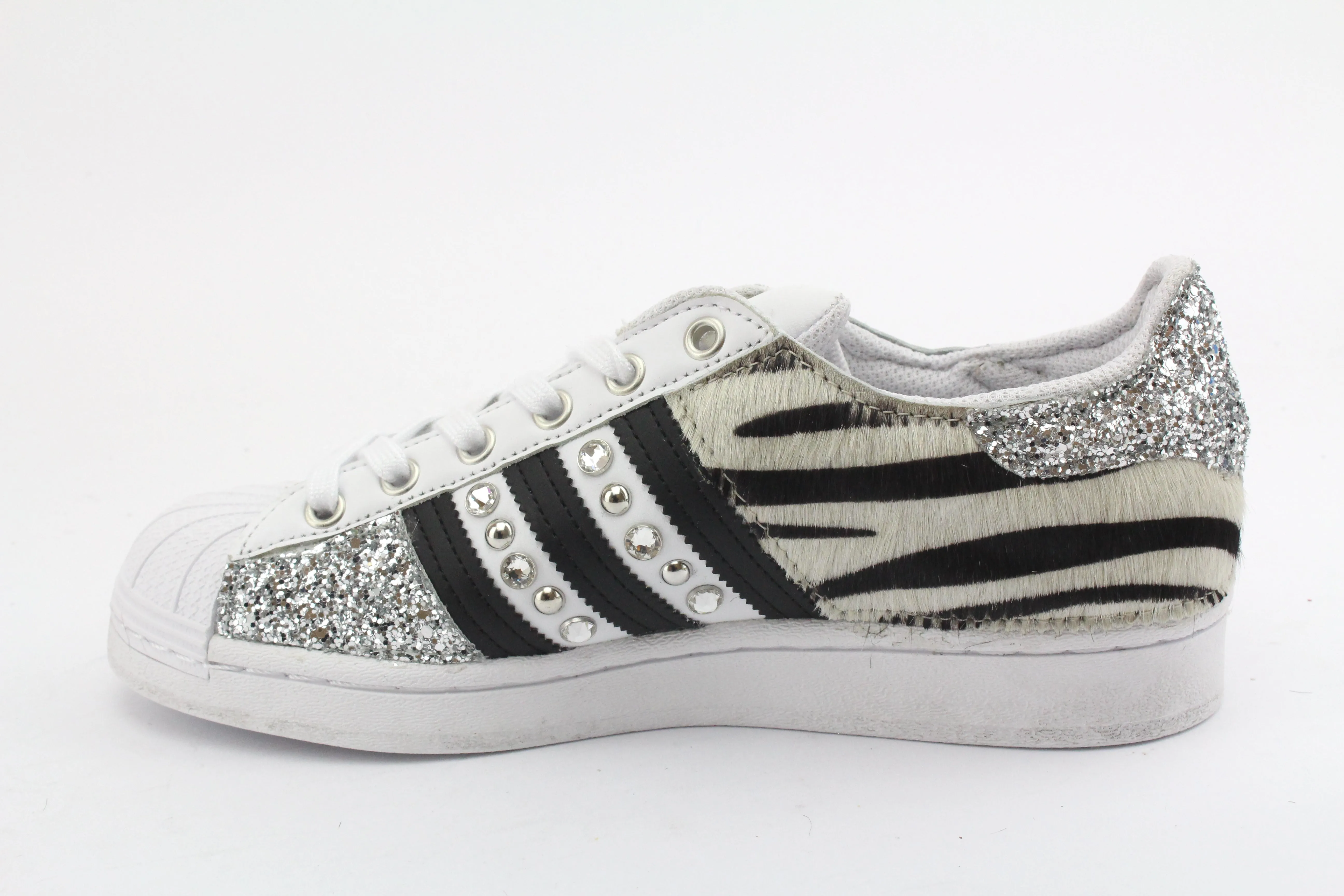 Wood Path City Walking Adidas Superstar Zebrate Glitter Silver & Borchie Strass