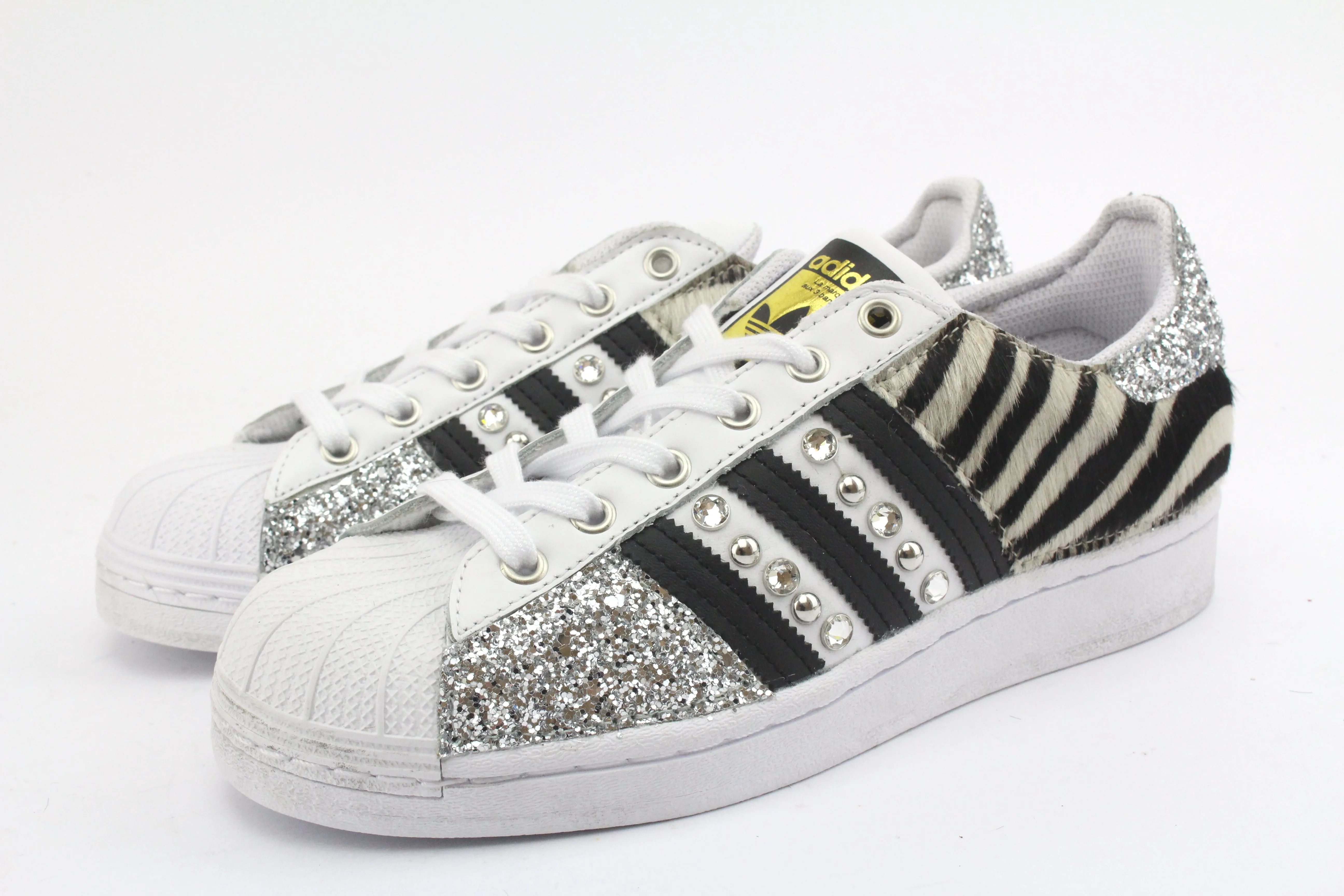 Color Fun Long Day Adidas Superstar Zebrate Glitter Silver & Borchie Strass
