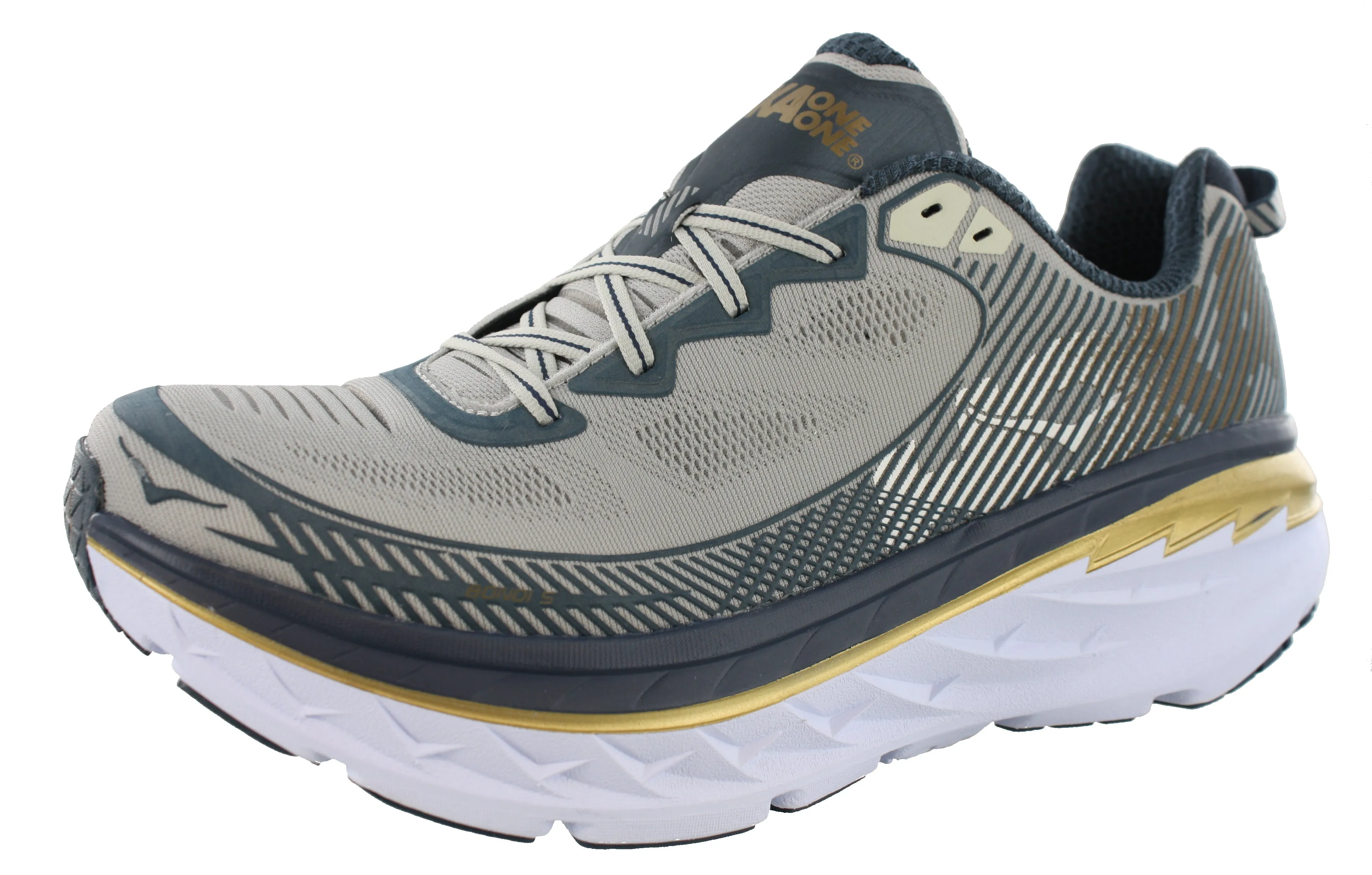 Hoka Men Ultra Marathon Cushioned Running Shoes Bondi 5 Multi Directional Tread Pattern Skin Fresh