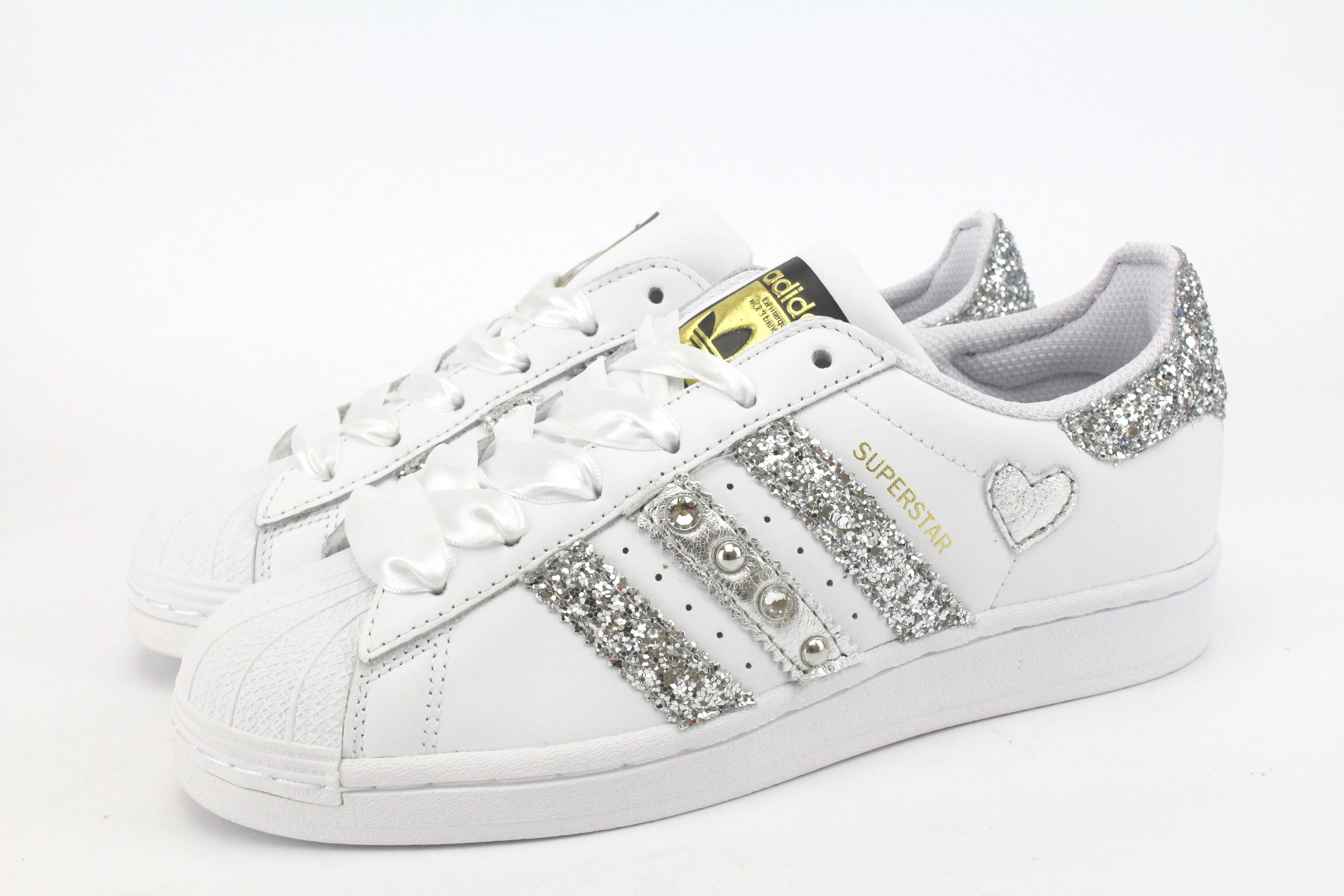 Marathon Walk Adidas Superstar Glitter Silver Cuore Strass & Lacci in Raso