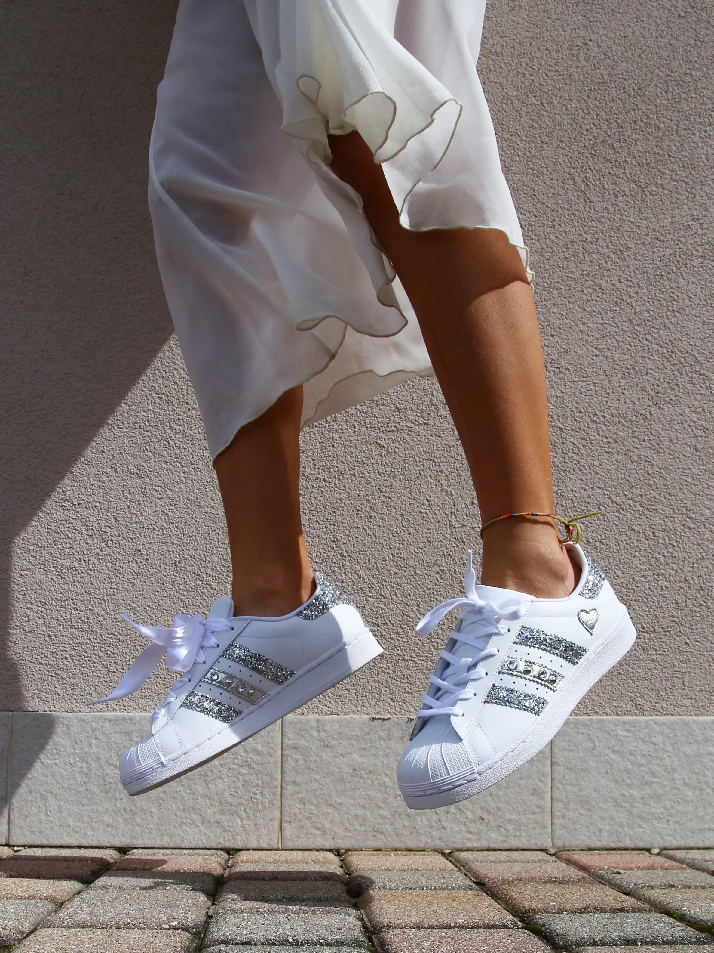 Cross Town Open Walk Adidas Superstar Glitter Silver Cuore Strass & Lacci in Raso