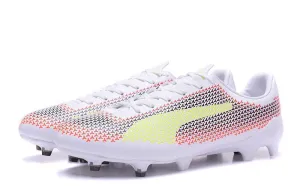 PUMA evoSPEED 17 FG Soccer Cleats White Orange Black Yellow High impact Game Action