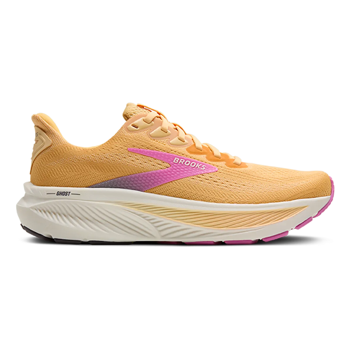 Brooks Ghost 17 Apricot - Grey - Pink running in a canyon area shoes