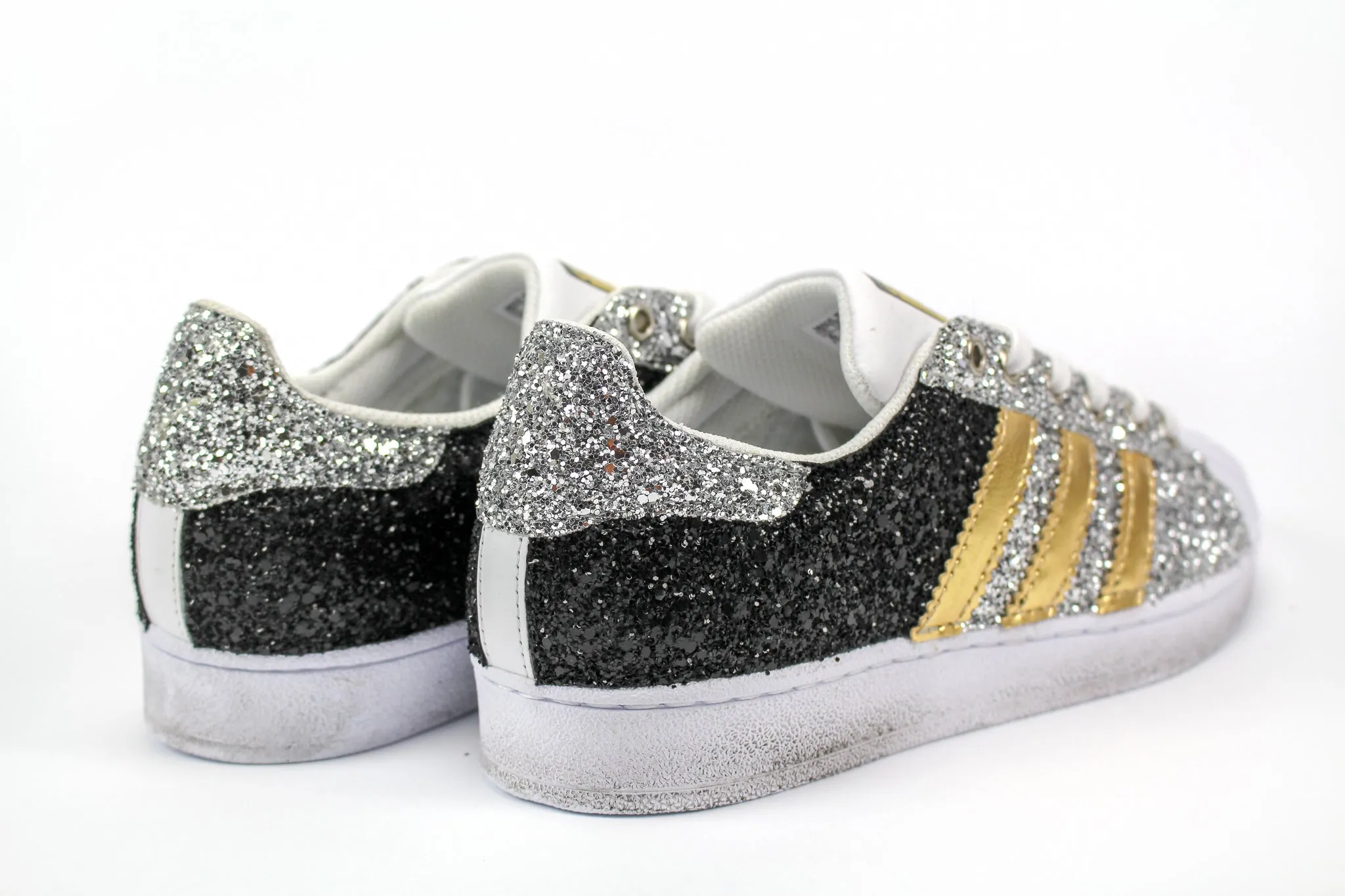 durable soles Versatile Wear Adidas Superstar Gold Total Glitter Black & Silver