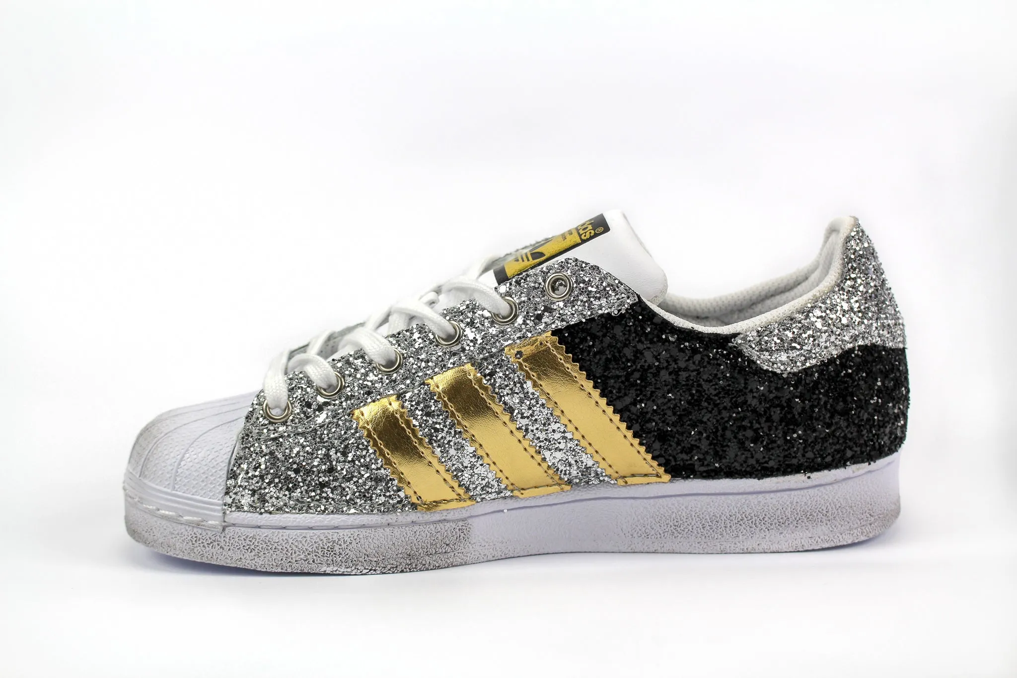 Platform Style Adidas Superstar Gold Total Glitter Black & Silver